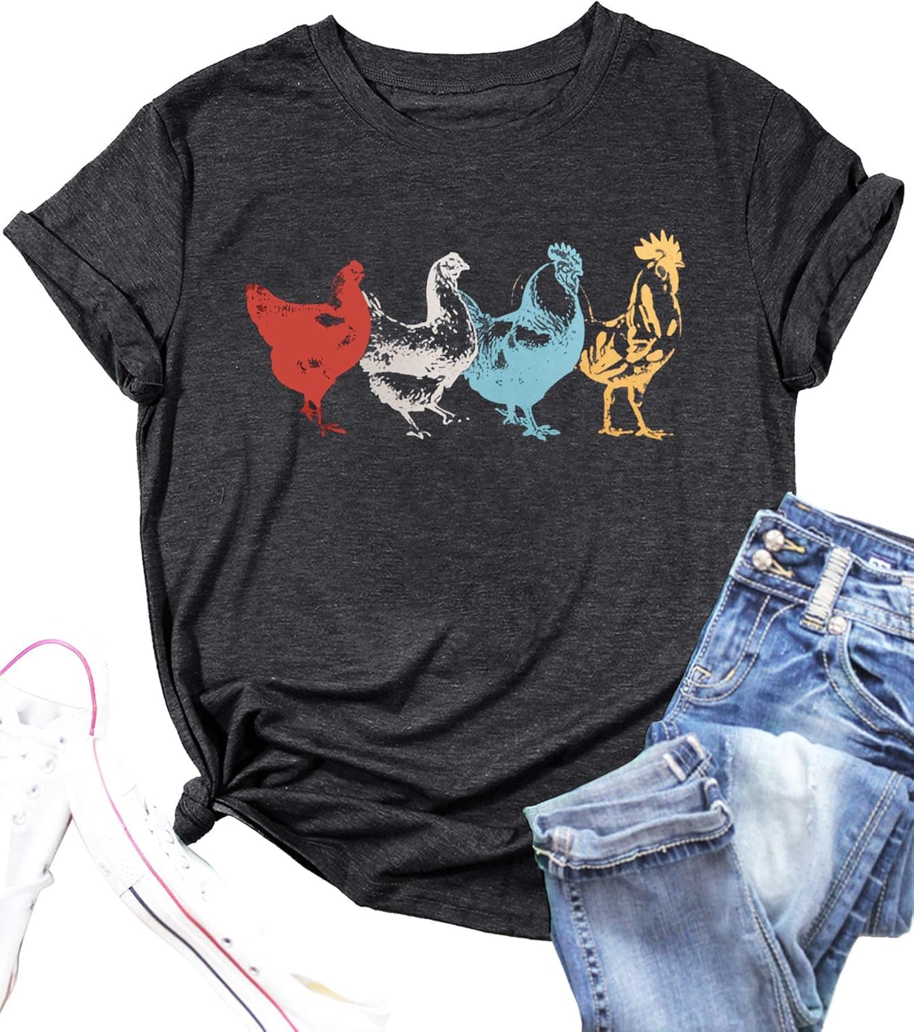 Chicken Shirt for Women Farm Tees Farm Girl T Shirt Funny Chicken Graphic T-Shirt Casual Short Sleeve Tops