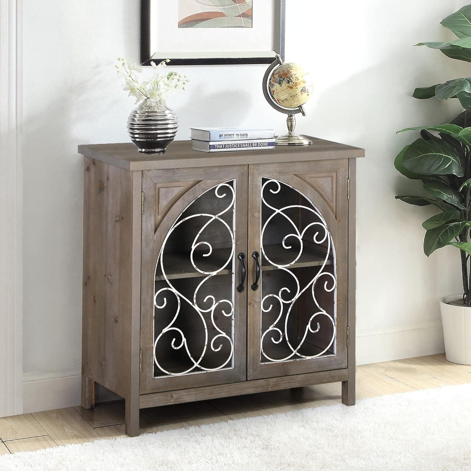 Sophia & William Accent Cabinet with 2 Doors, Distressed Storage Cabinet Rustic Display Cabinet with Wire Hollowed Window for Entryway, Living Room Bedroom
