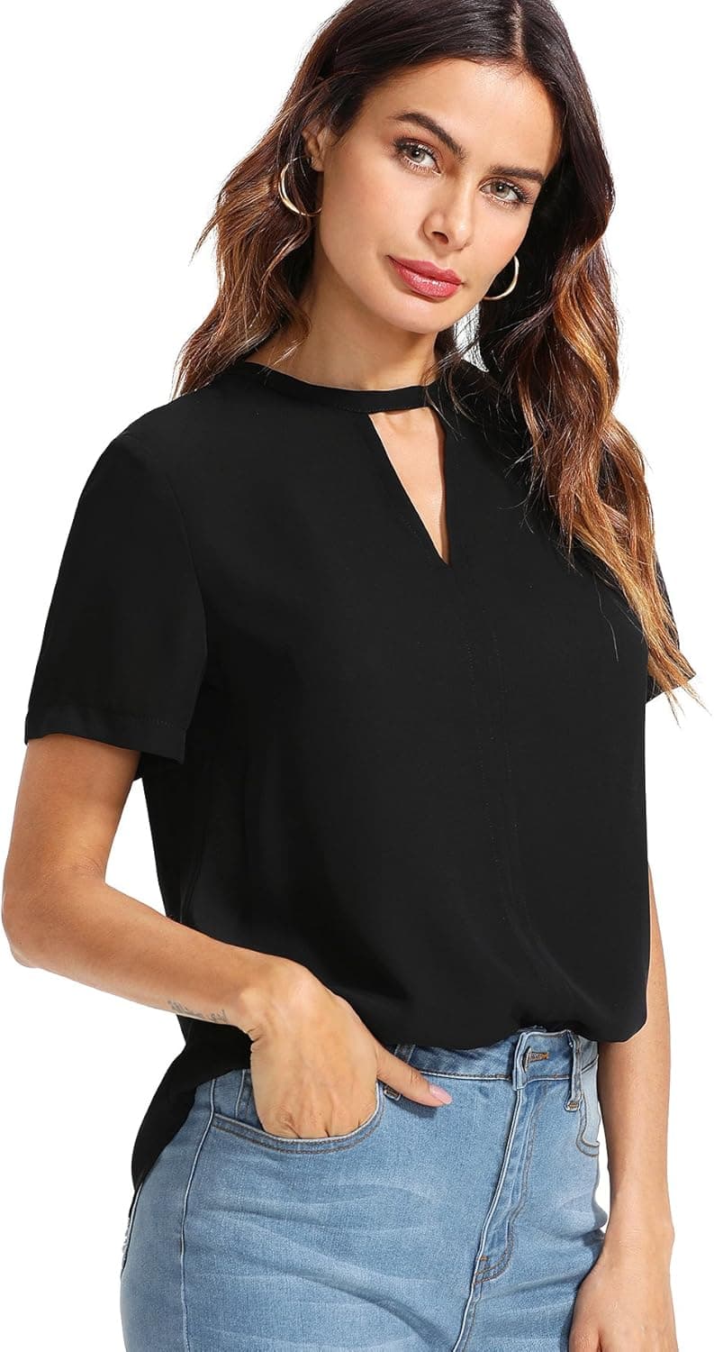 Floerns Women's Summer Chiffon Choker V Neck Blouse Top Black M