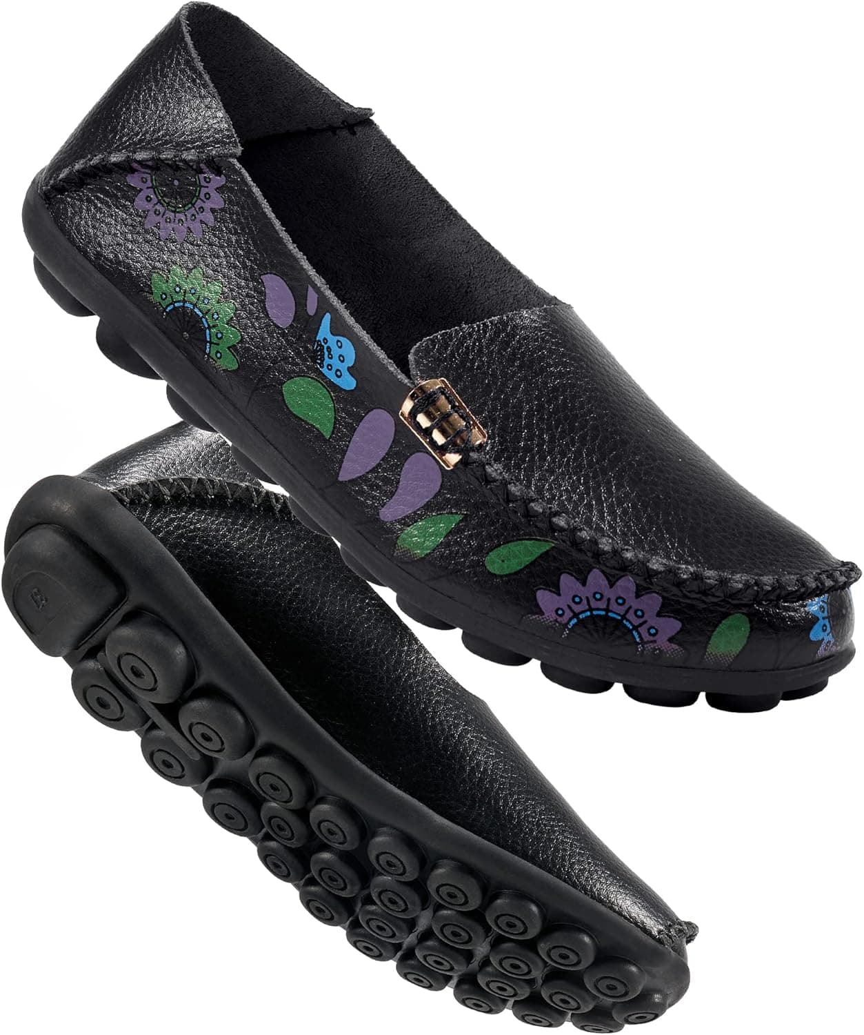 Ecetana Loafers for Women Casual Slip On Driving Shoes Comfortable Moccasins Leather Floral Print Outdoor Walking Flats Shoes