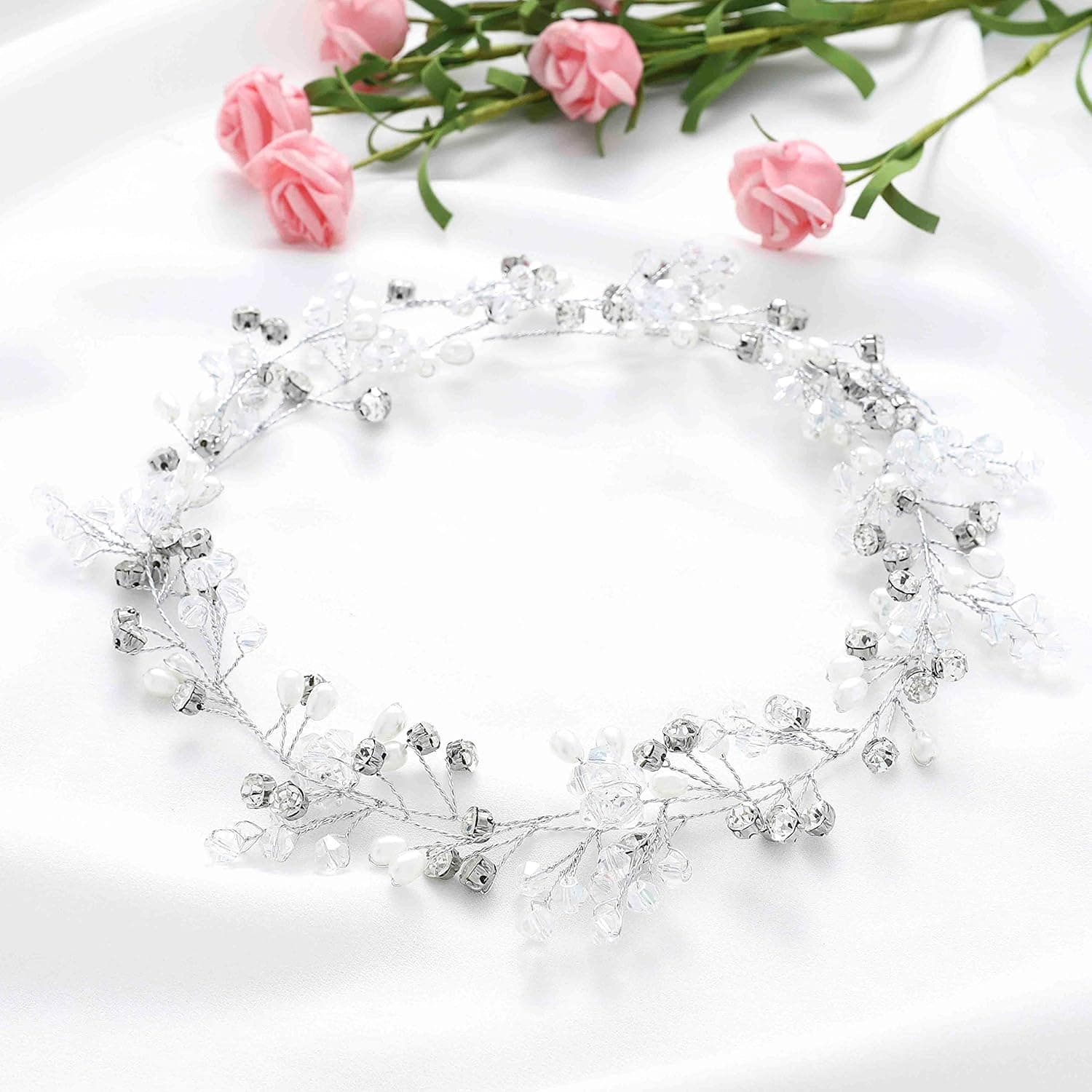 Brishow Rhinestone Brides Wedding Hair Vine Silver Pearl Bridal Hair Accessories Crystal Headband Long Hair Pieces for Women and Girls