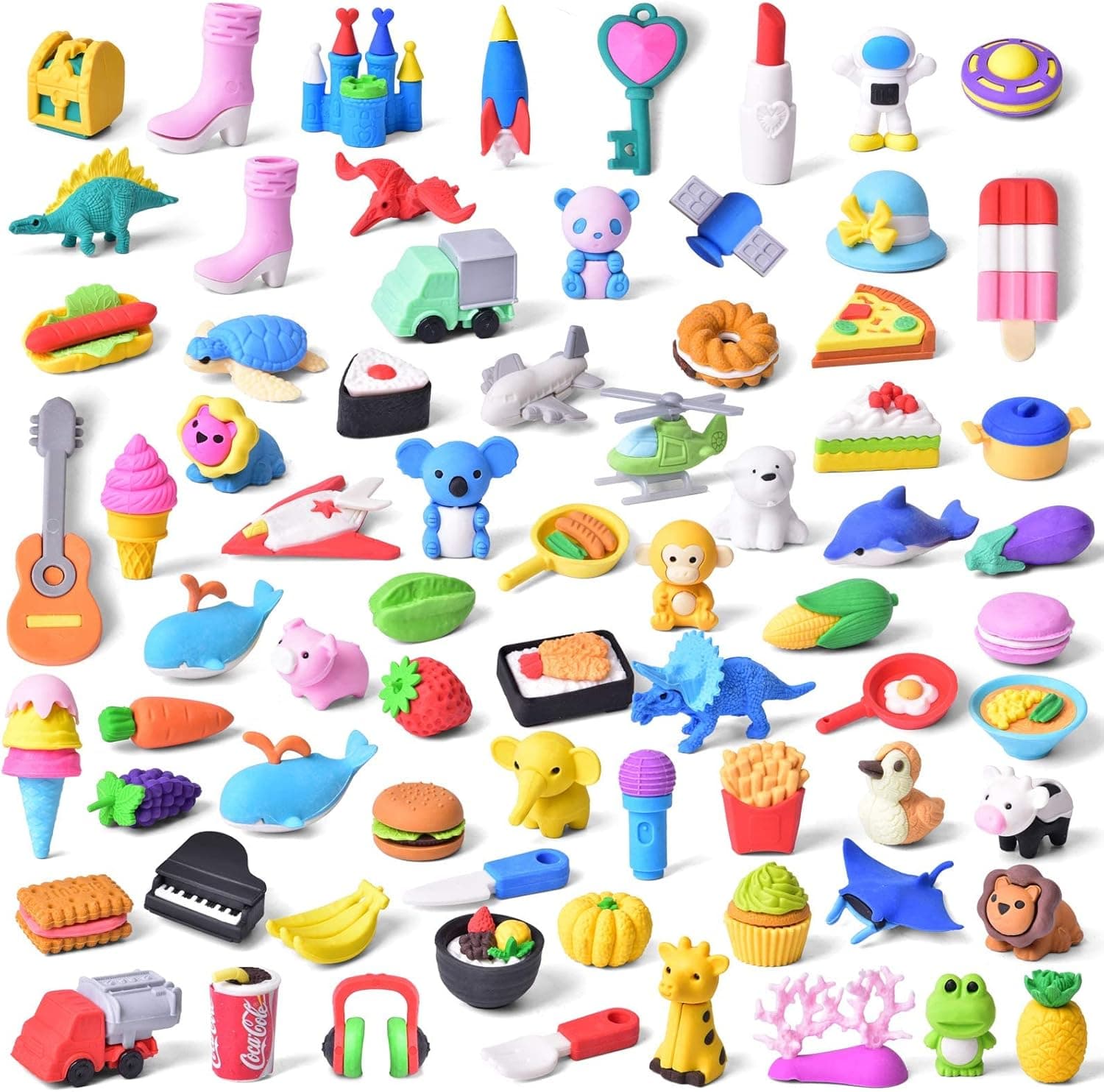 FUN LITTLE TOYS 72 PCS Erasers for Kids Mini Fun Food Animal Pencil Erasers Valentines Day Gifts for Kids Desk Pet Accessories for Kids Classroom Prizes Novelty Toys Treasure Box Pinata Stuffers