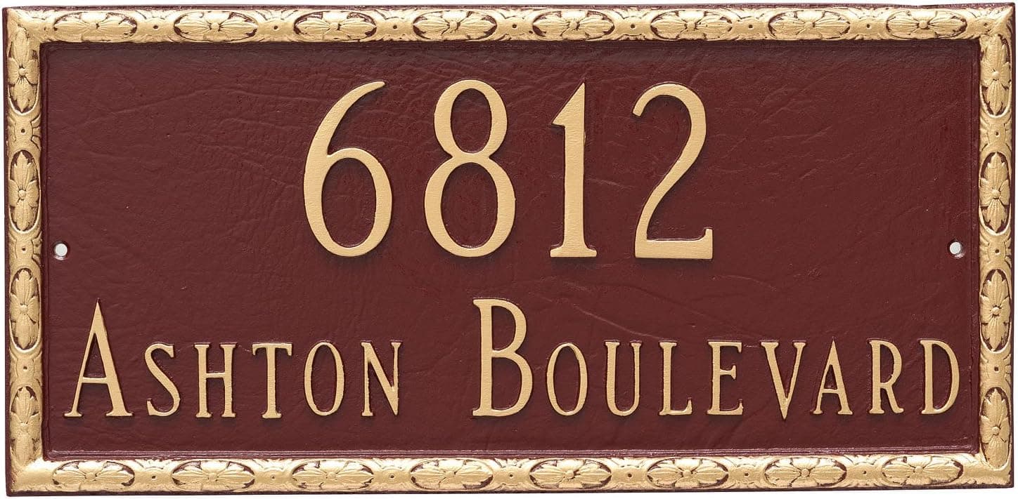 Montague Metal PCS-0072S2-W-BRG Jefferson Rectangle Two Line Address Sign Plaque, 8" x 16.75", Brick Red/Gold