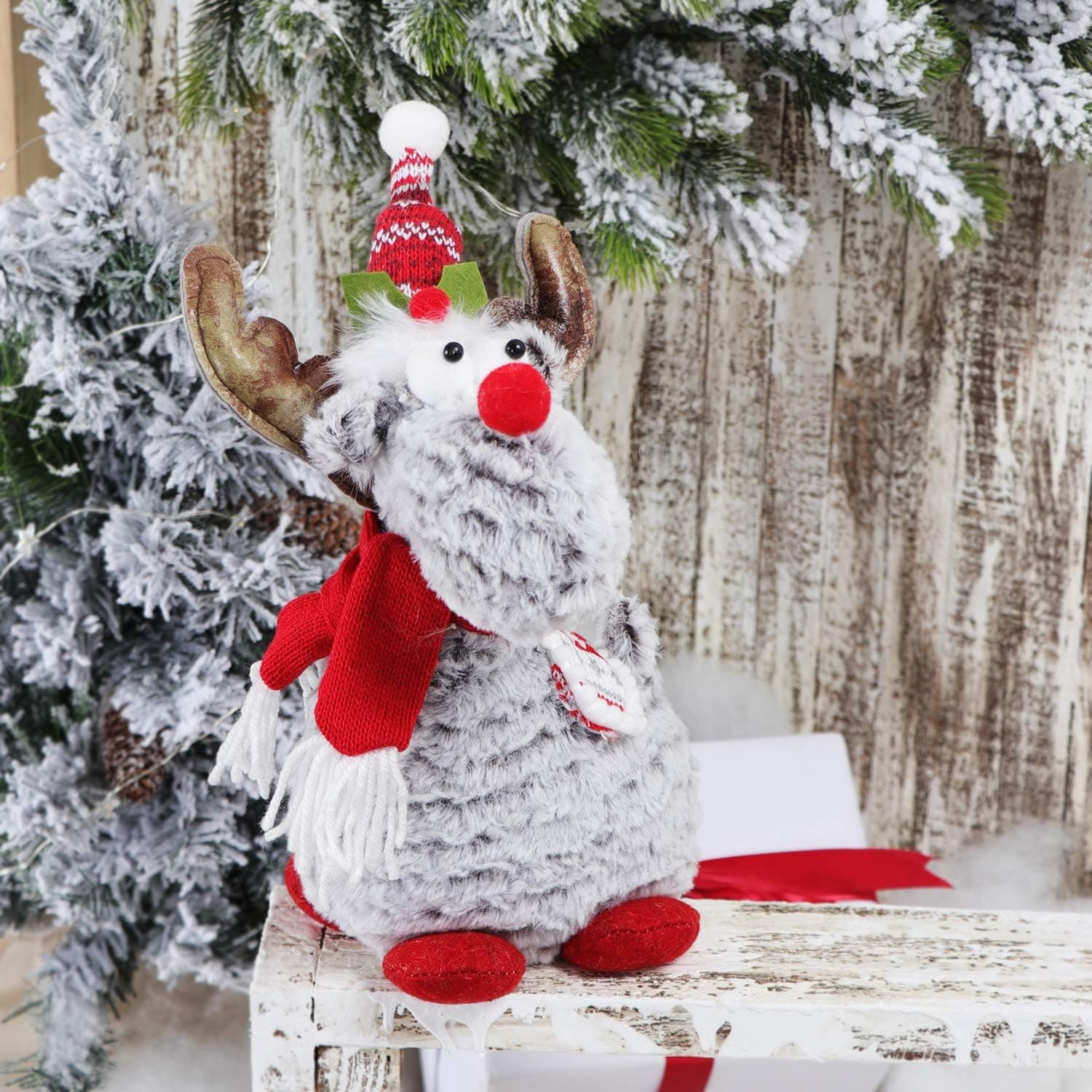 GMOEGEFT Handmade Christmas Reindeer Rudolph Plush, Moose Stuffed Animal Standing Figurines with 4 Legs, Xmas Holiday Home Decoration - Pack of 1 (Grey Stand)