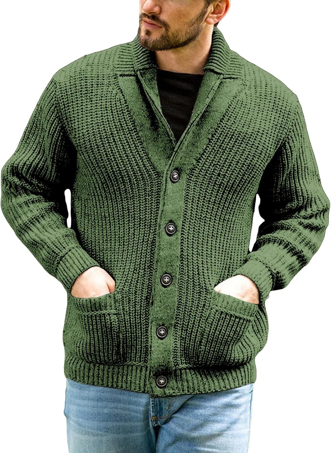 PASLTER Mens Shawl Collar Cardigan Sweaters Heavyweight Cable Knit Button Down Stylish Sweater with Pockets