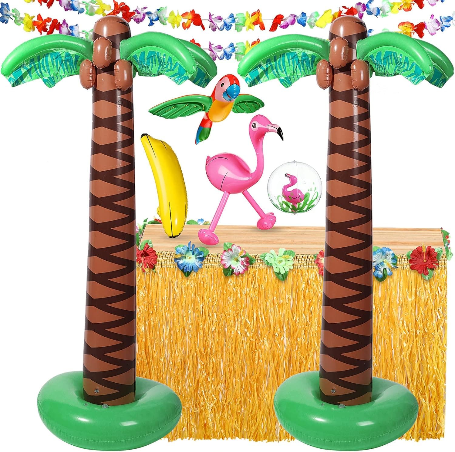 Inflatable Luau Party Set Beach Party Decorations Inflatable Palm Tree Grass Table Skirt Inflatable Parrot Flamingo Beach Balls Banana Flower Garlands for Tropical Hawaii Summer Swimming Pool Birthday
