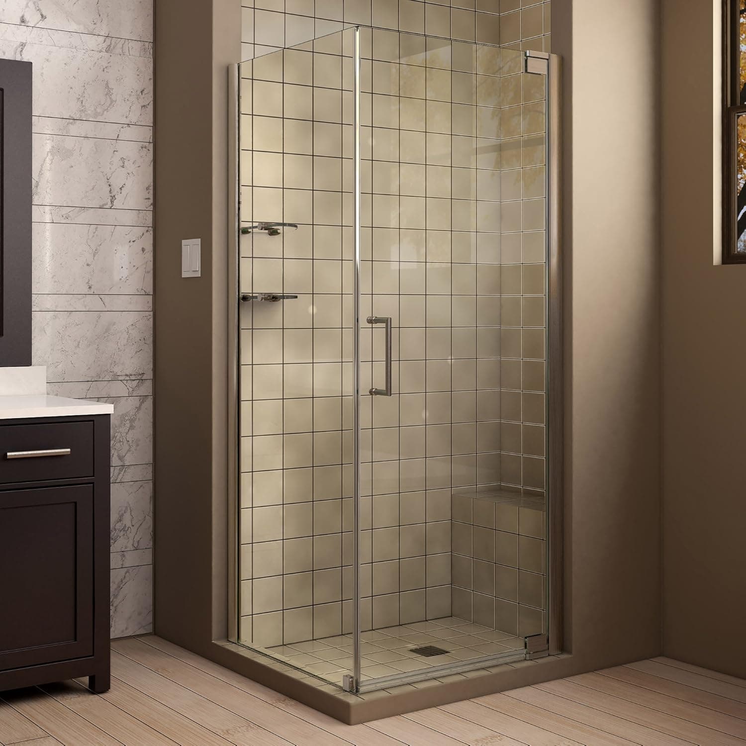 DreamLine Elegance 30 in. W x 30 in. D x 72 in. H Frameless Pivot Shower Enclosure in Brushed Nickel, SHEN-4130301-04
