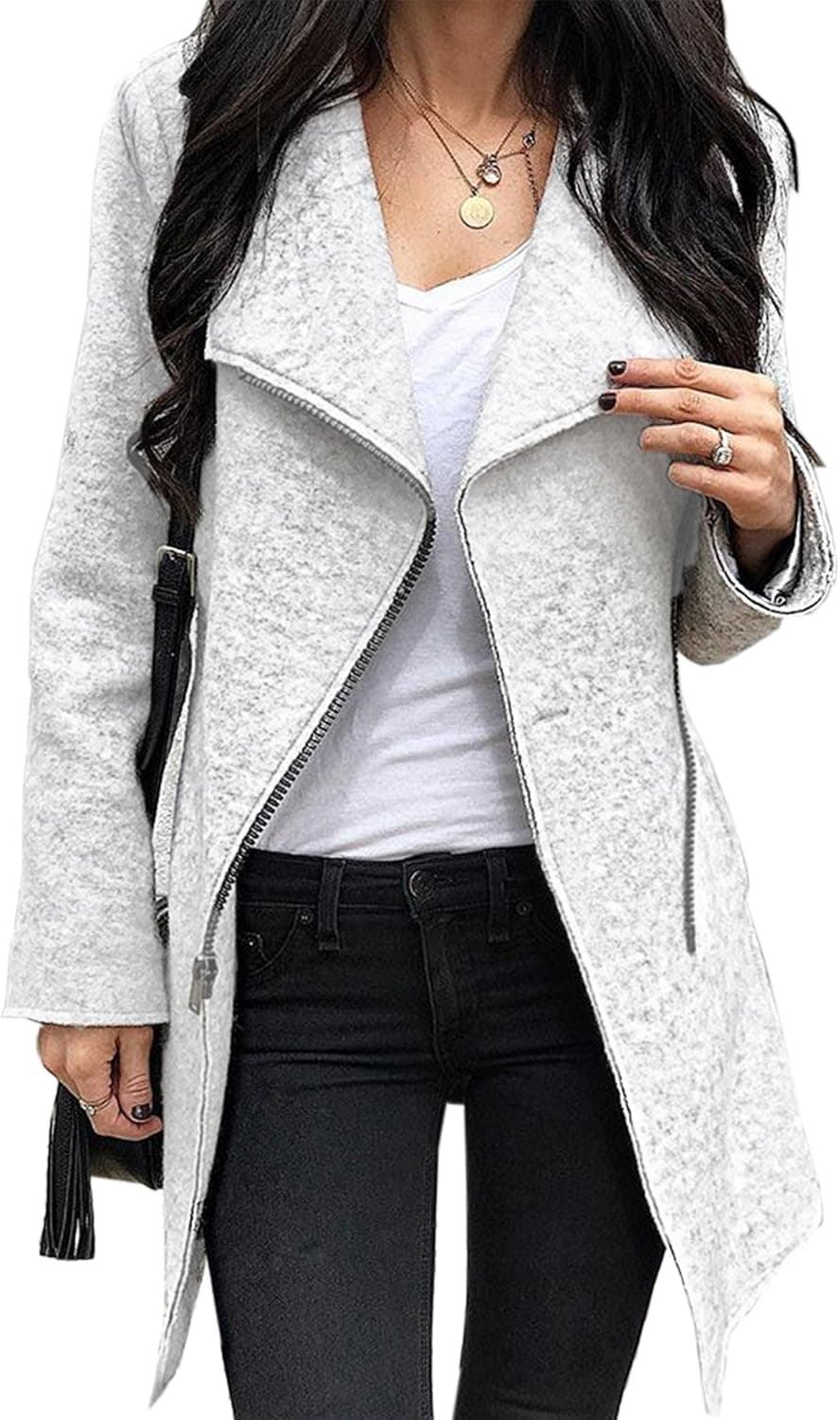 Angashion Women's Irregular Full-Zip Coat Lapel Pocket Outwear Casual Overcoats Long Sleeves Tops