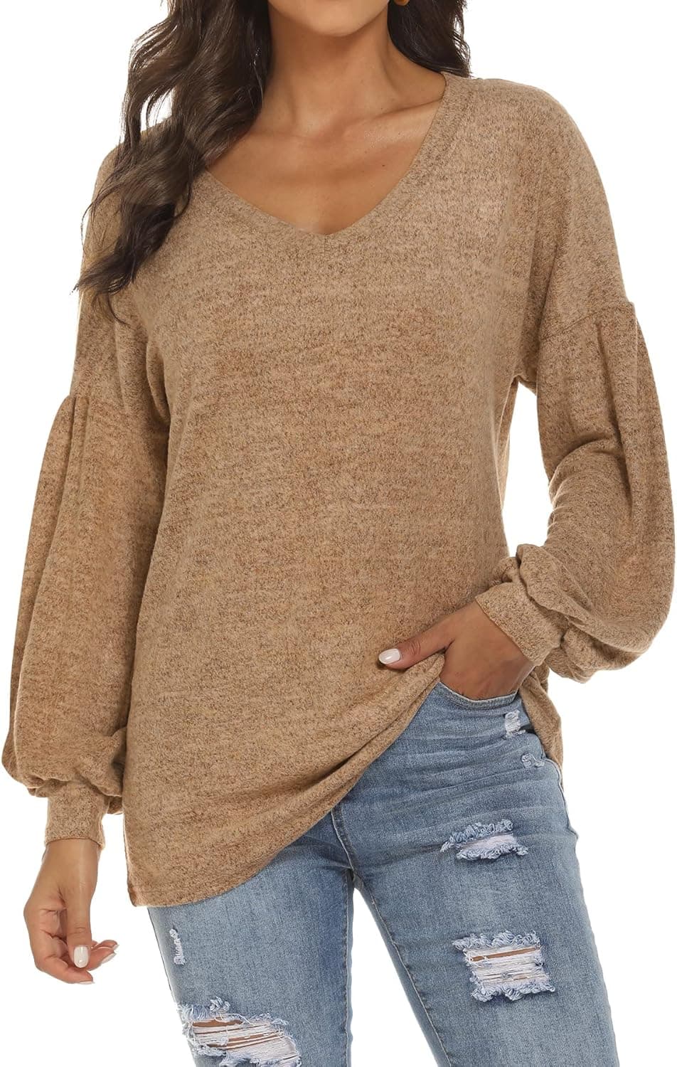 KIMSOONG Women's Lantern Sweatshirt Long Sleeve Tops V Neck Crewneck Shirts Tunic Blouses Brown