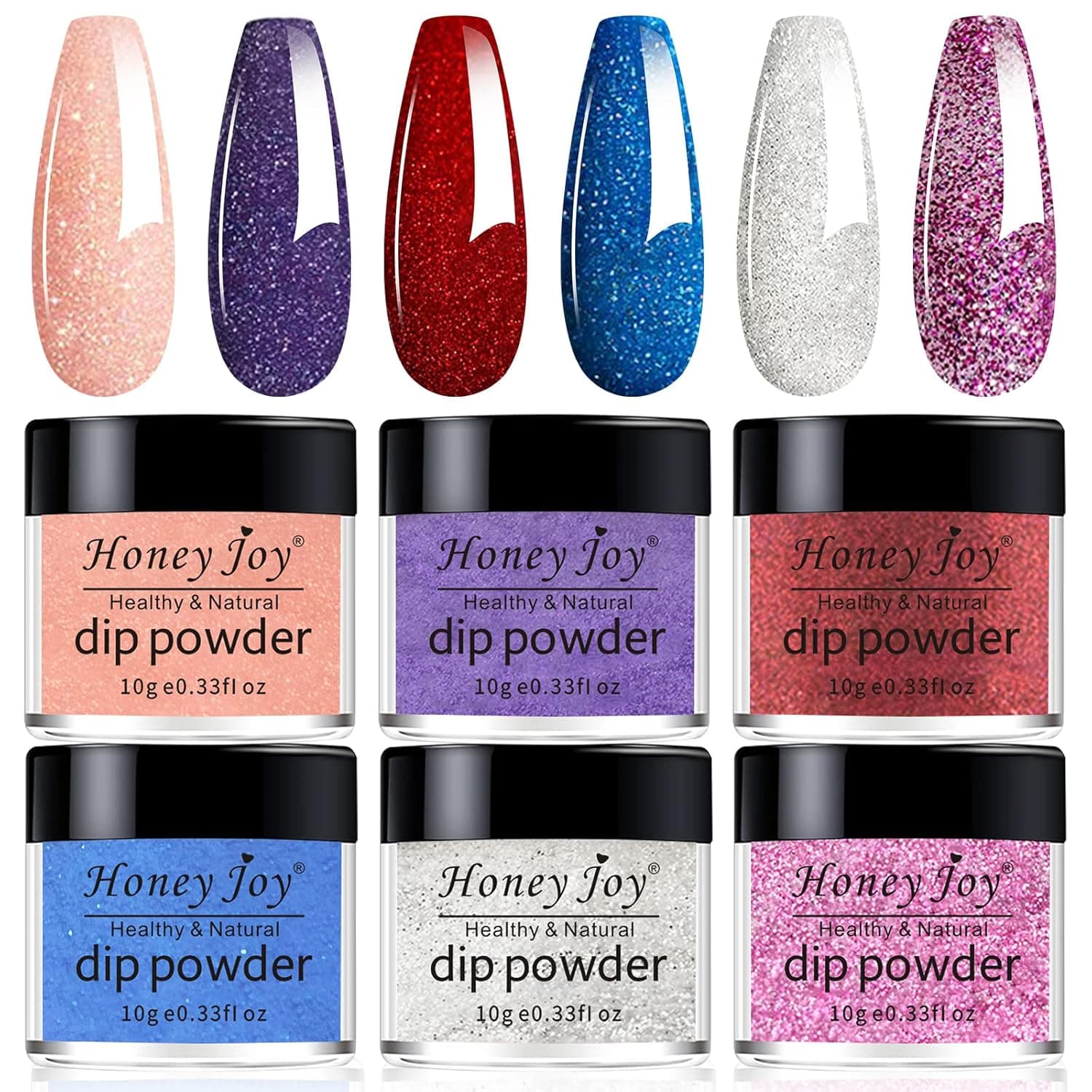6 Box/Set Fine Dipping Powder Glitter Silver Pink Rose Pink Green Blue Purple Colors No Need Lamp Cure Dip Powder Nails,Like Gel Polish Effect, Even & Smooth Finishing (DP-R-6pcs-10g/box)