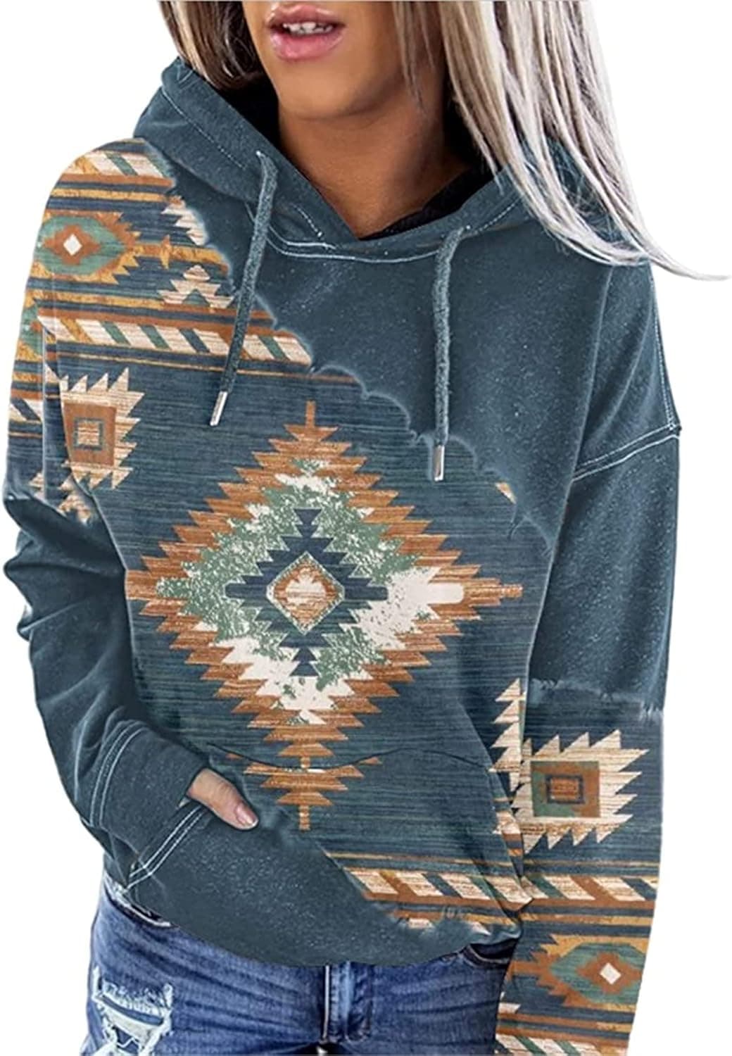 Women Aztec Print Hoodie Ethnic Color Drawstring Sweatshirt Western Clothes for Women Geometric Pattern Pullover