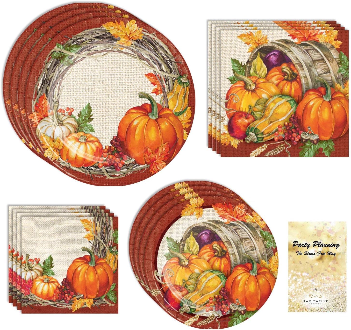 Fall Thanksgiving Friendsgiving Party Supplies, Plentiful Harvest Design, 16 Guests, 65 Pieces, Disposable Paper Dinnerware, Plate and Napkin Set