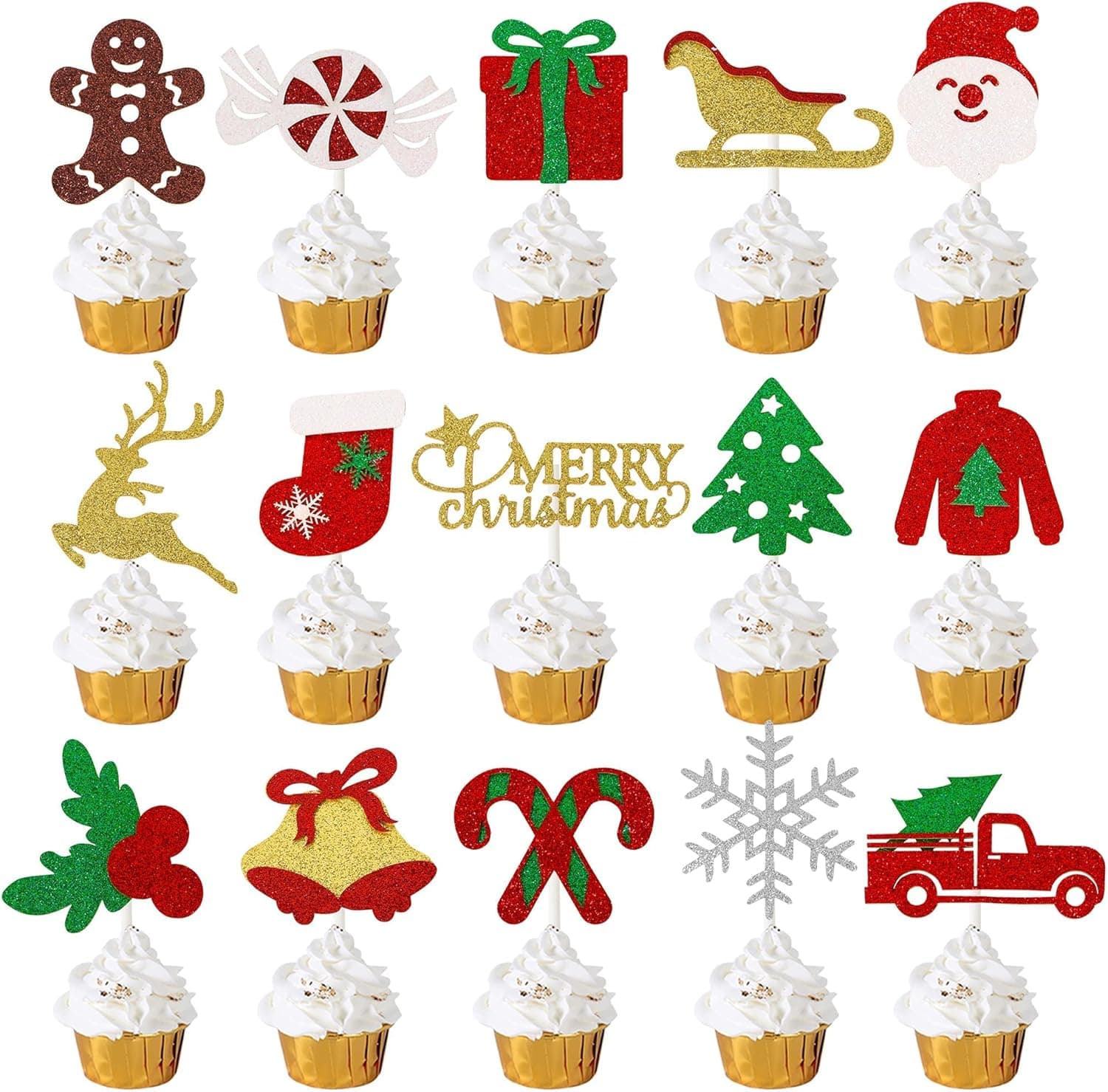 Christmas Party Decoration Christmas Tree Santa Claus Snoweman Hat Socsks Glitter Cupcake Toppers for Xmaas Party Favor Supplies SET of 24