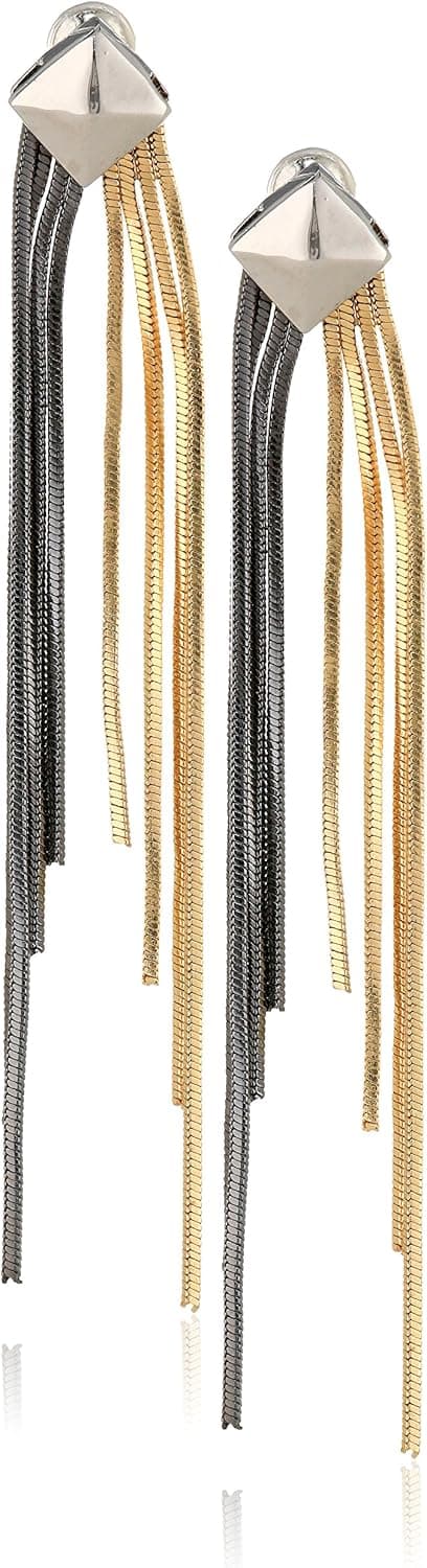 Steve Madden "Mixed Metallica" Gold, Silver, and Gunmetal-Tone Multi-Chain Pyramid Linear Drop Earrings