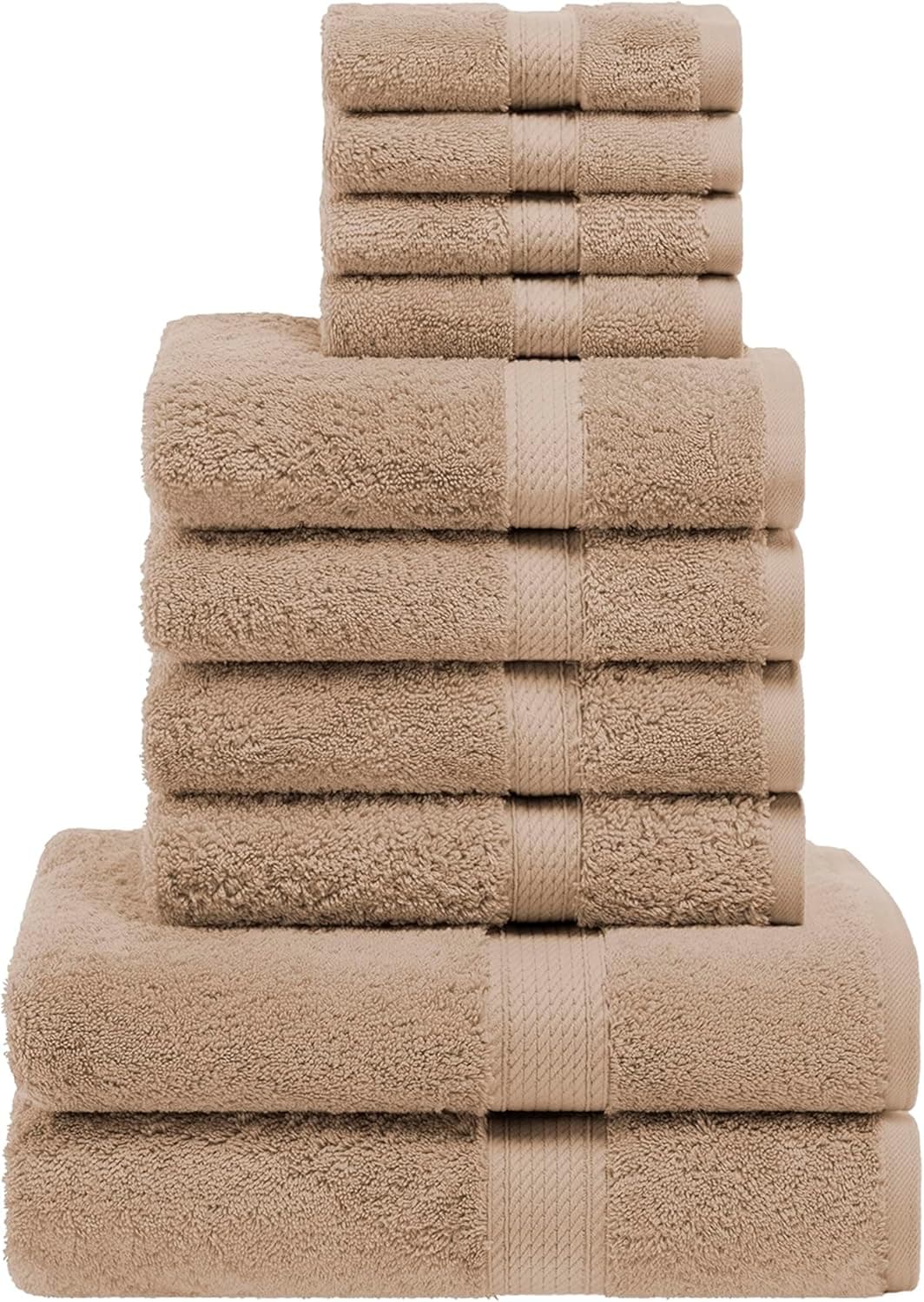 SUPERIOR Egyptian Cotton Solid Towel Set, Washcloths 13” x 13”, Hand Towels 20” x 30”, Bath Towels 30” x 55”, Latte, 10-Pieces