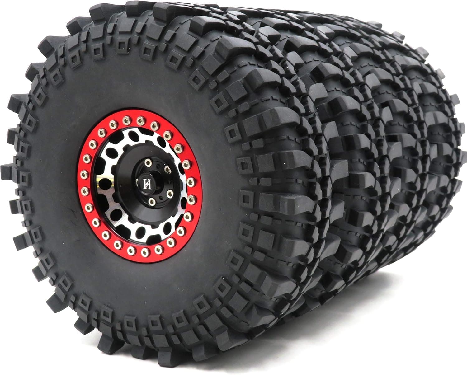 4pcs RC 2.2 Crawler Mud Terrain Tires Super Grip Soft Tyres with Soft Foam Insert Height: 145mm/5.7inch & Aluminum Alloy 2.2 Beadlock Wheels Rims Black/Silver/Red Color