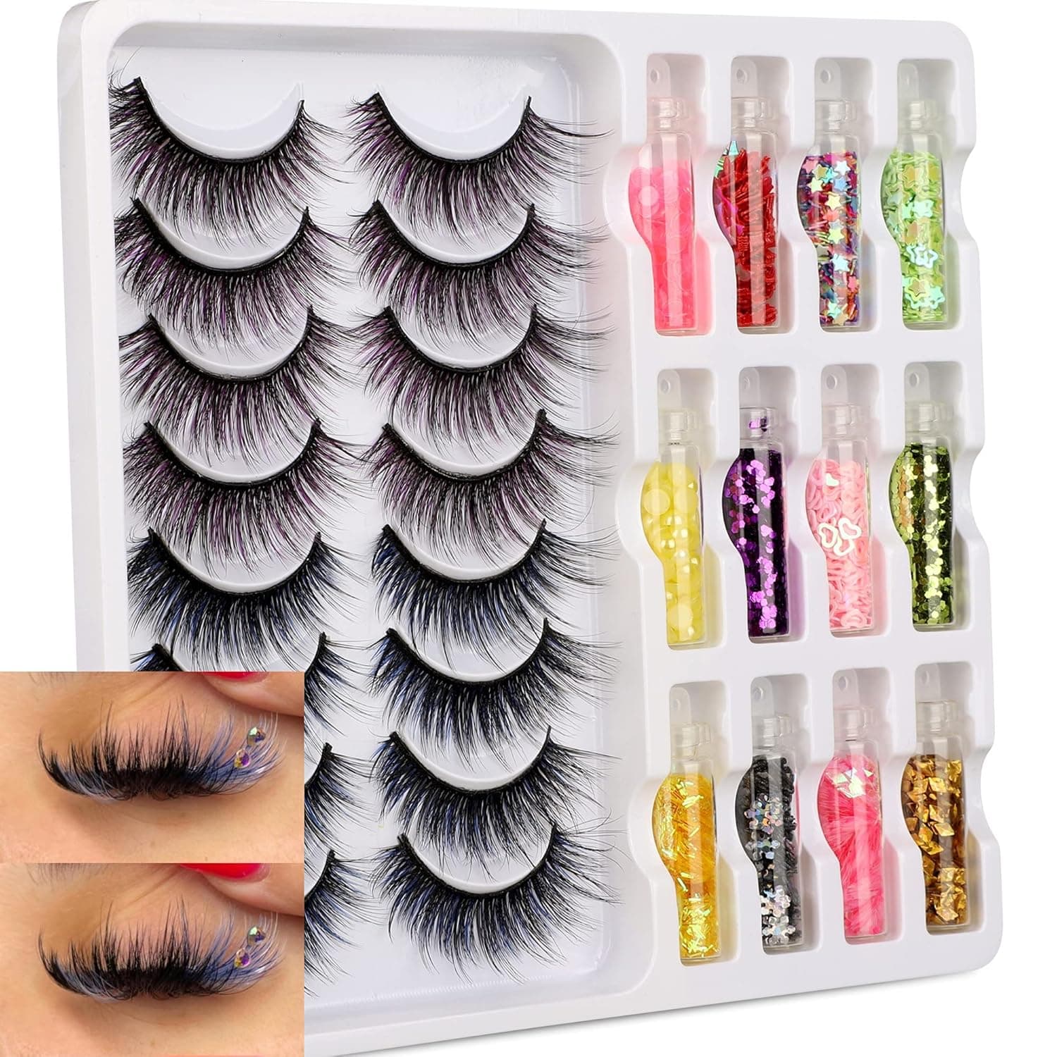 Halloween False Lashes DIY Diamonds Mink Fluffy Fake Eyelashes Pack Colorful Eyelashes 3D Wispy Volume Cosplay Eyelashes Set