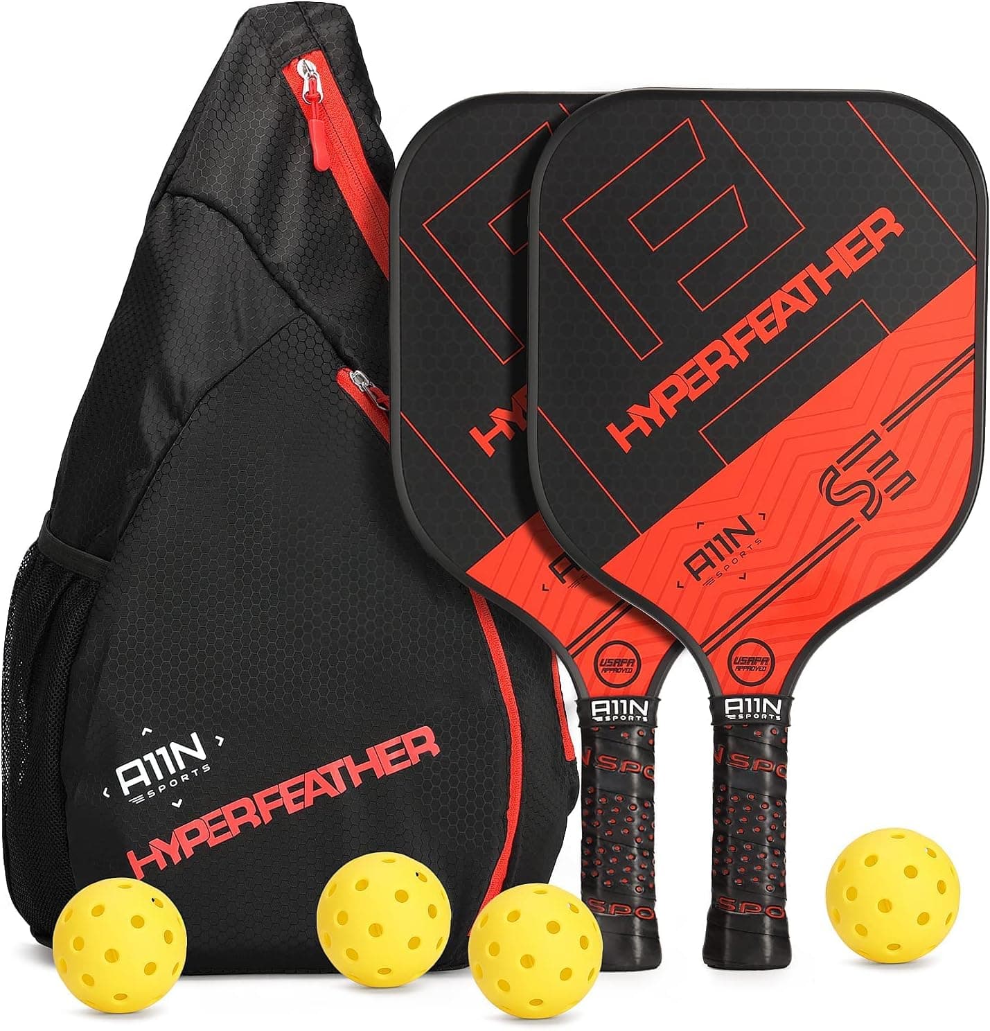 A11N Pickleball Paddles Set of 2 - USA Pickleball Approved | 8OZ, Graphite Face & Polymer Core, Cushion Grip | 4 Balls, 1 Sling Bag