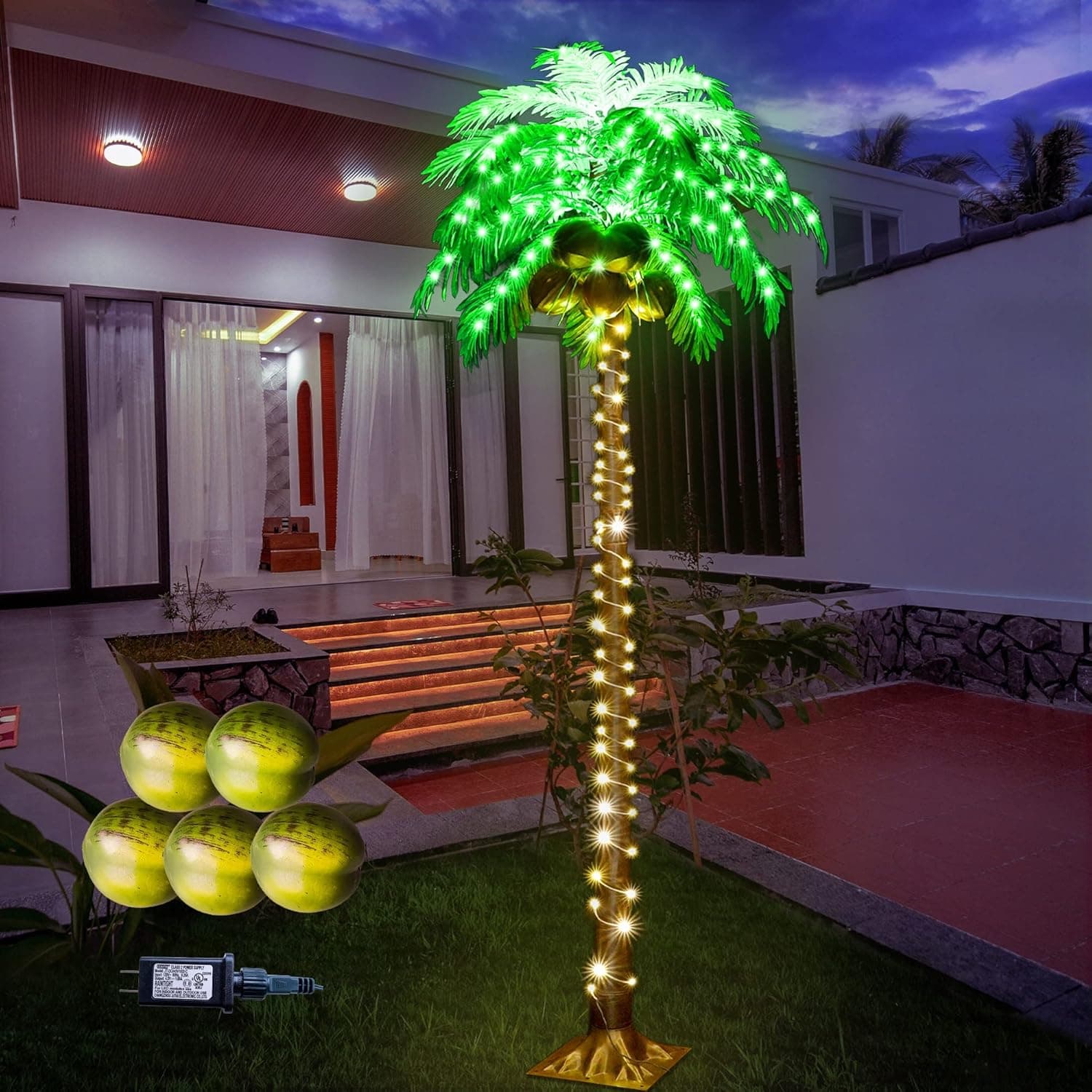 7FT LED Lighted Palm Tree with 5 Coconuts, Artificial Tropical Palm Tree Lights Outdoor, Green Fake Palm Tree Light for Indoor Outside Patio Pool Summer Hawaiian Luau Party Tiki Bar Holiday Home Decor