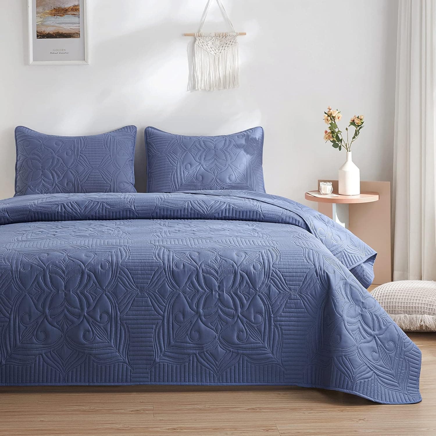 beeweed Quilt Set Queen Size 3 Pieces, Lightweight Microfiber Flower Pattern Bedspreads for All Season, Bluish Grey Soft Summer Coverlet Set with Ultrasonic Quilting Technology(1 Quilt,2 Pillow Shams)