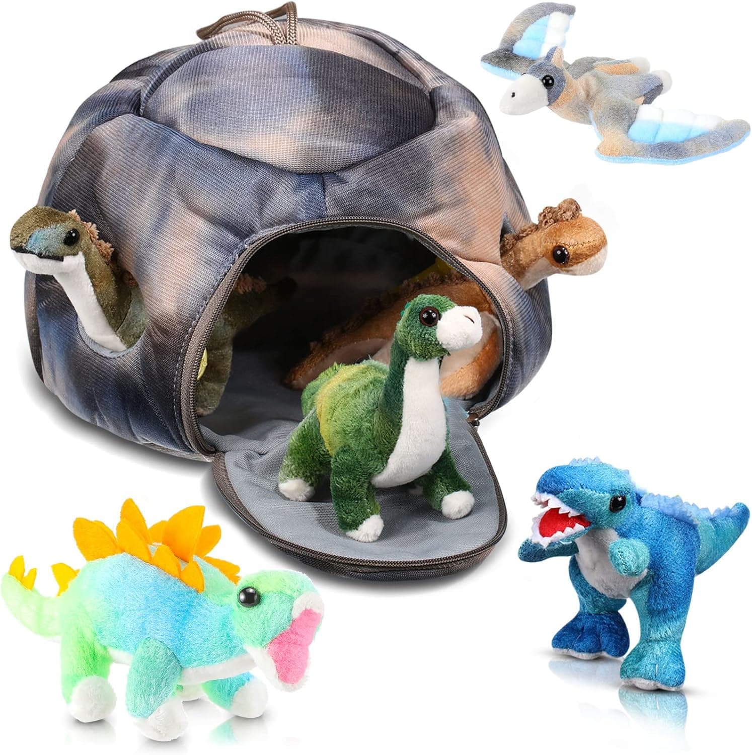 7 Pieces Plush Stuffed Animal Set Includes 6 Plush Fluffy Animals Toys Assortment in Dinosaur Dog Horse Carrying House Plush Dinosaurs Dog Horse for Party Stocking Stuffers ()