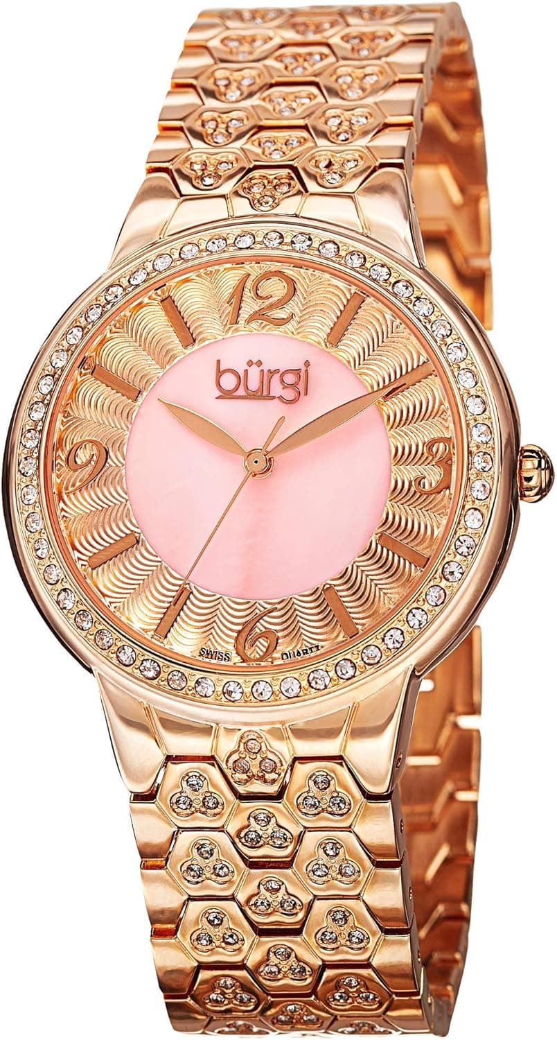 Burgi Women's Crystal Accented Watch - Mother-of-Pearl Guilloche Dial On Crystal Filled Bracelet - BUR115