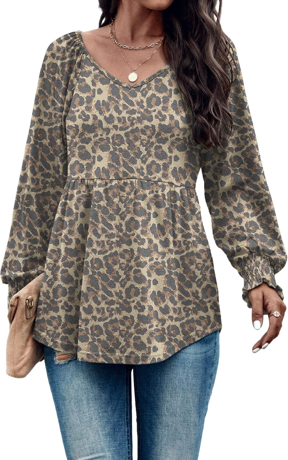 TASAMO Tunic for Women Puff Long Sleeve Shirts V-Neck Dressy Casual Smocked Cuffs Blouse Tops