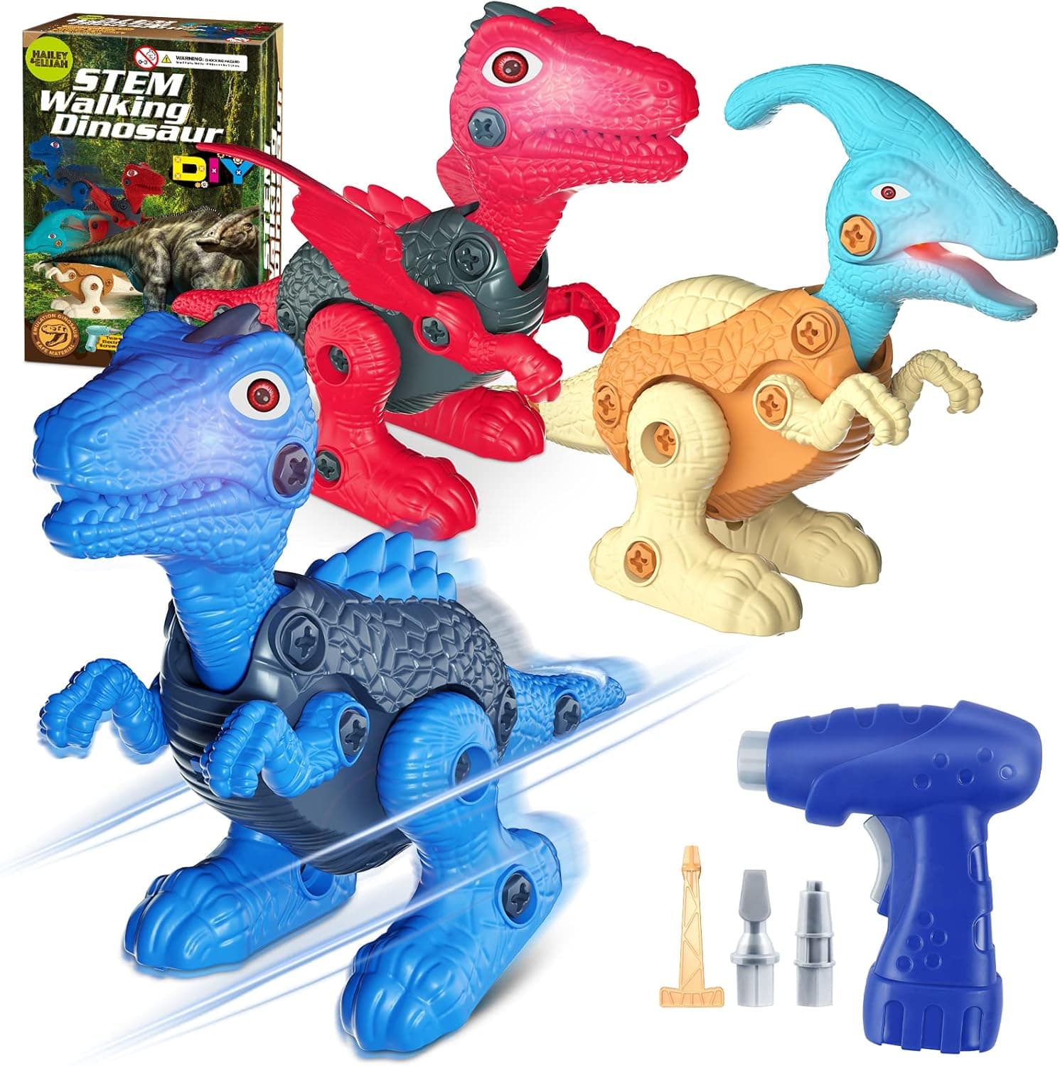 Dinosaur Toys for 3 4 5 6 7 8 9 Years Old Boys, Take Apart Dinosaur Toys for Kids with Electric Drill, STEM Construction Education Building Toy with Led Light Walking Toys Party Birthday Gifts