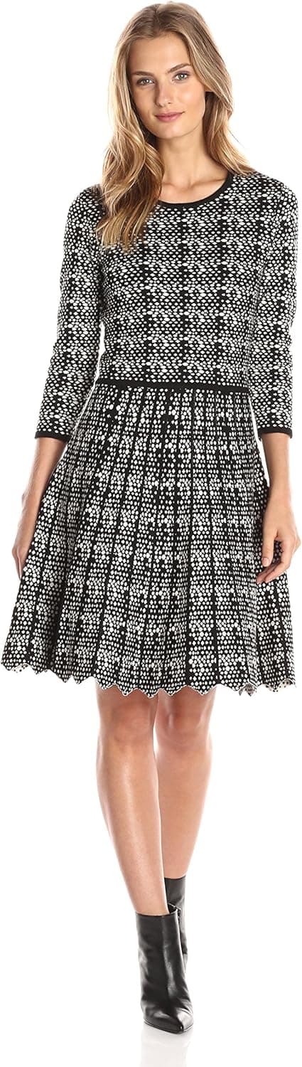 Taylor Dresses Women's 3/4 Sleeve Printed Fit and Flare Sweater Dress with Zig Zag Hem