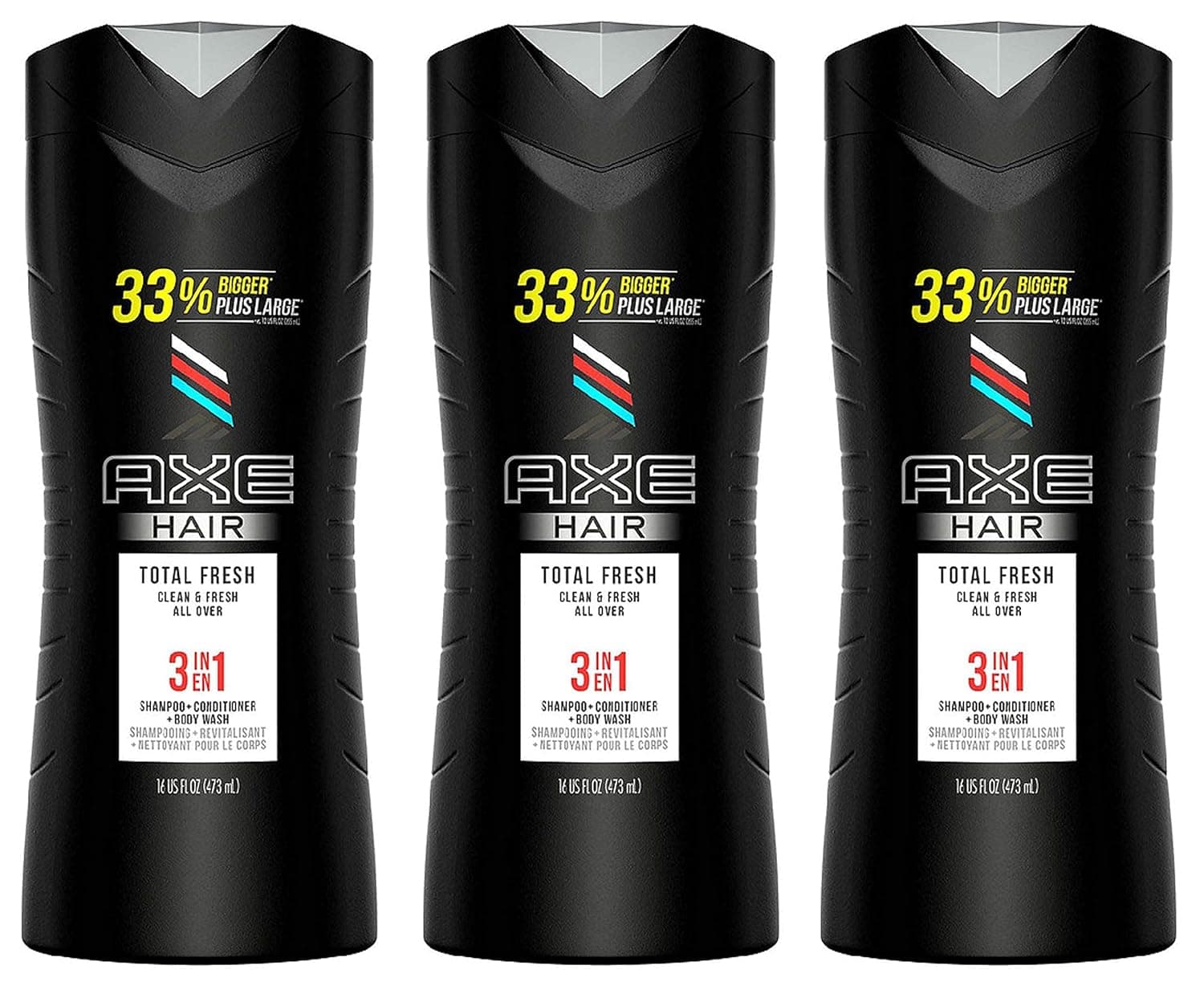 Axe Hair 3 in 1 - Total Fresh - Shampoo + Conditioner + Body Wash - Net Wt. 16 FL OZ (473 mL) Per Bottle - Pack of 3 Bottles