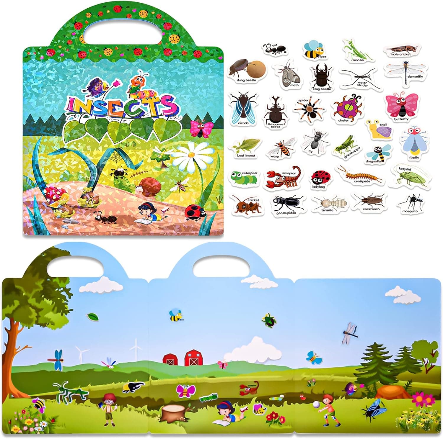 ASTARON Reusable 3D Puffy Sticker Book for Kids 2-6, Cute Waterproof Insects Stickers 88 Pcs,Puffy Sticker Game Travel Stickers and Educational Sensory Learning Toy Busy Book,4 Fold-Out Scenes Choices