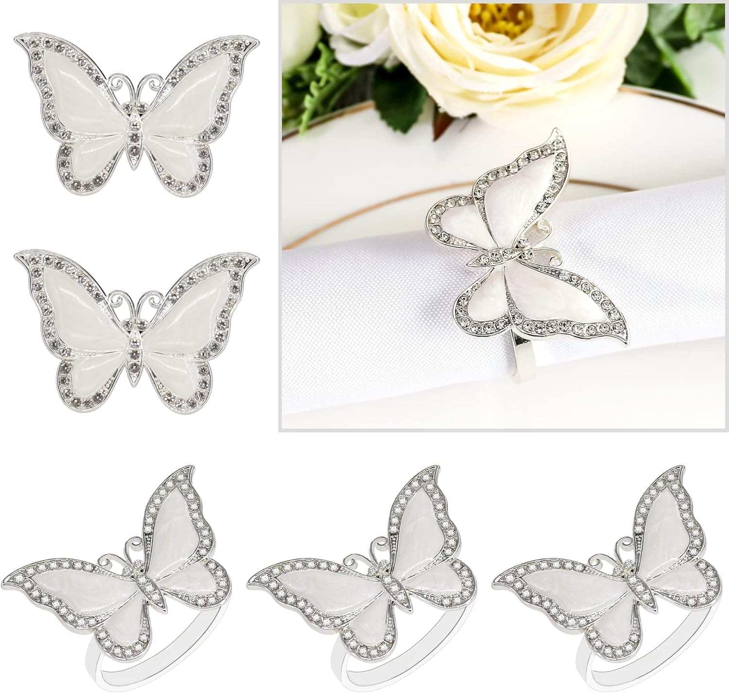 LABJULY Butterfly Napkin Rings Set of 4 Silver Rhinestone Napkin Holders for Wedding, Spring Party, Easter Banquet Dinner Home Hotel Restaurant Coffee Shop (Butterfly, 4)