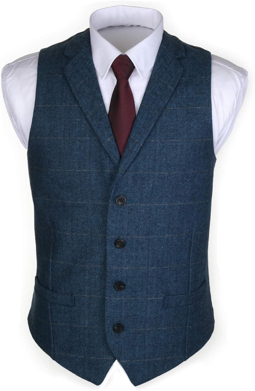Ruth&Boaz 2Pockets 4Buttons Wool Herringbone Plaid Tailored Collar Suit Vest (XS, Herringbone Plaid Blue)
