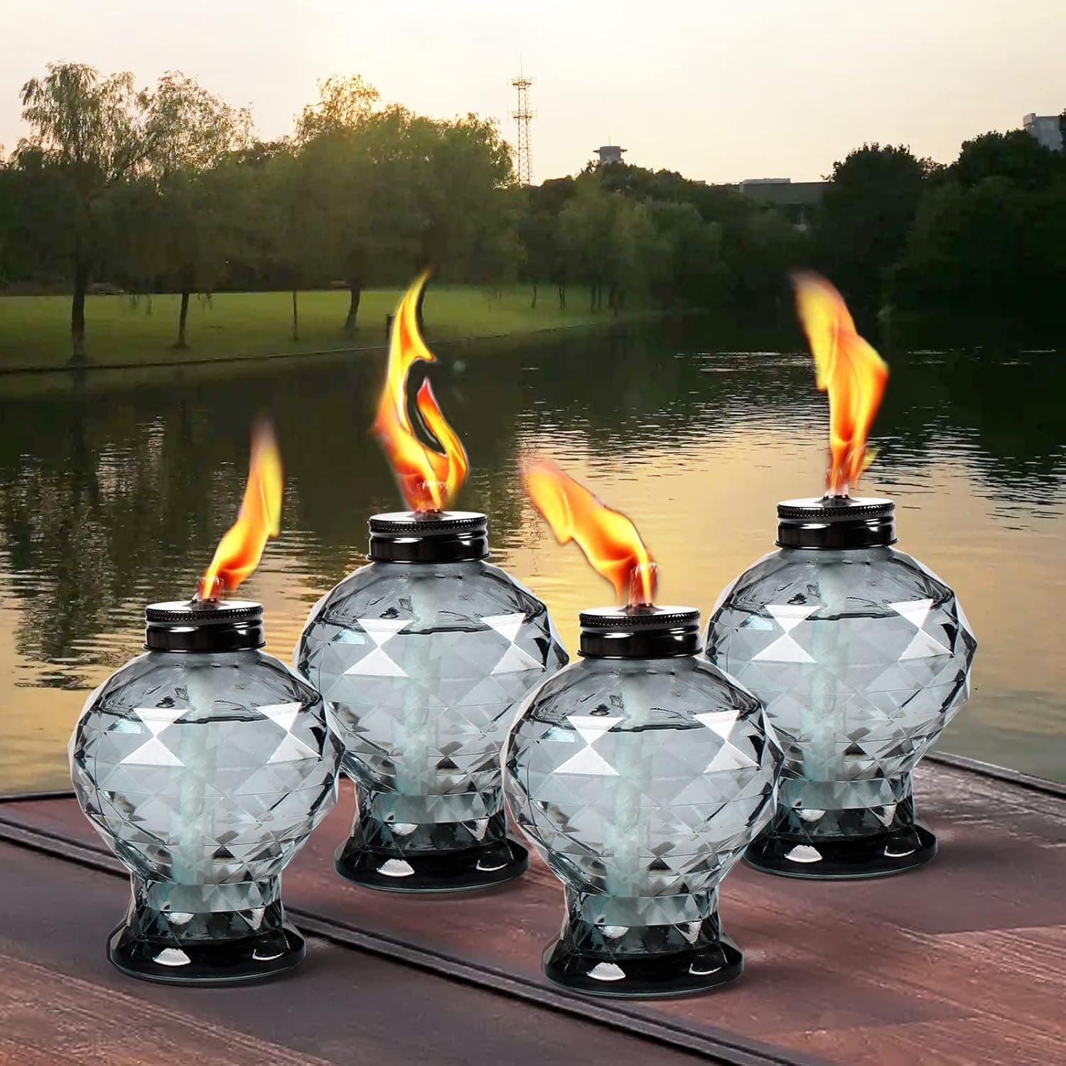 DIKAIDA 4 Pack Glass Table Torch,Citronella Glass Table top Torches with Wick and Cap for Outdoor,Refillable Torches Landscape Lanterns Torches for Yard Patio Christmas Garden,Party Decor