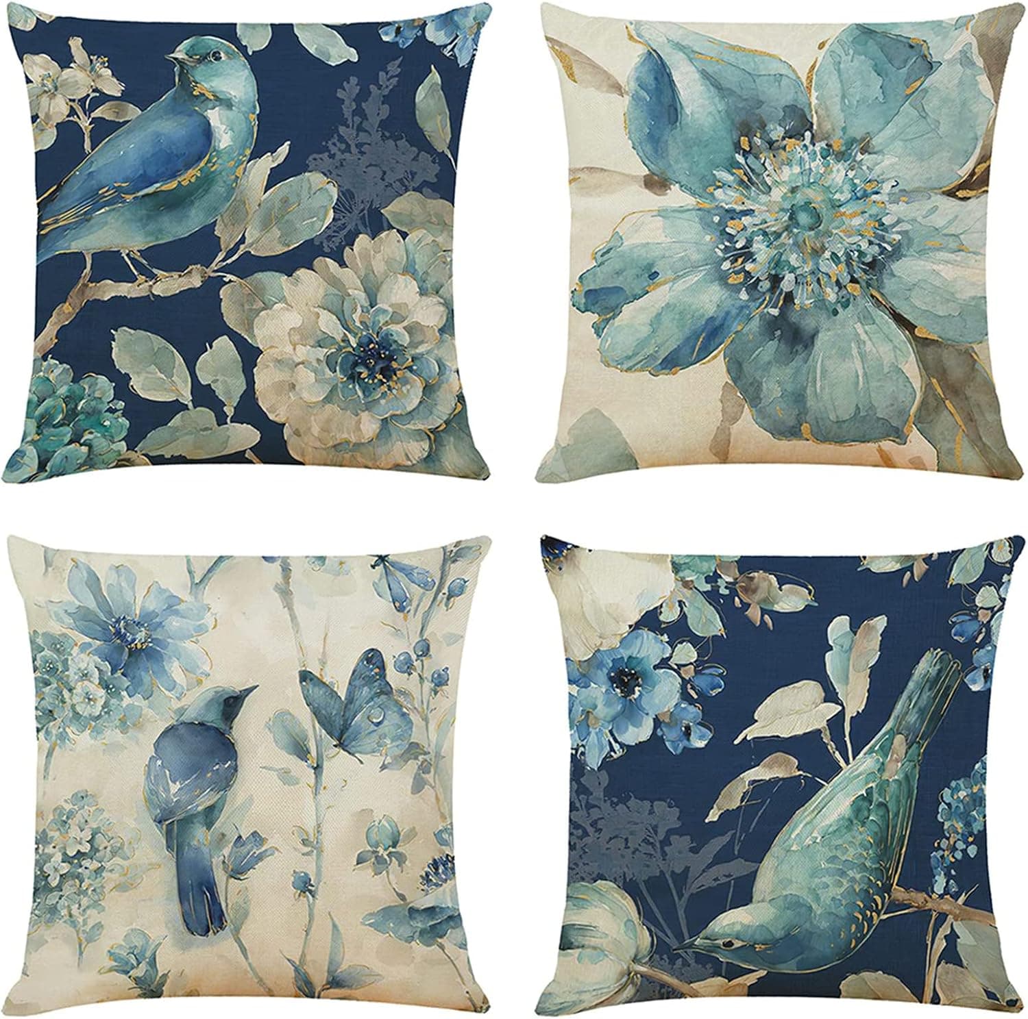 Throw Pillow Covers Watercolor Birds with Floral Flower Decorative Cushion Cover 18’’x18’’ Square Pillow Cases Farmhouse Home Decor for Outdoor Sofa Couch Dark Blue