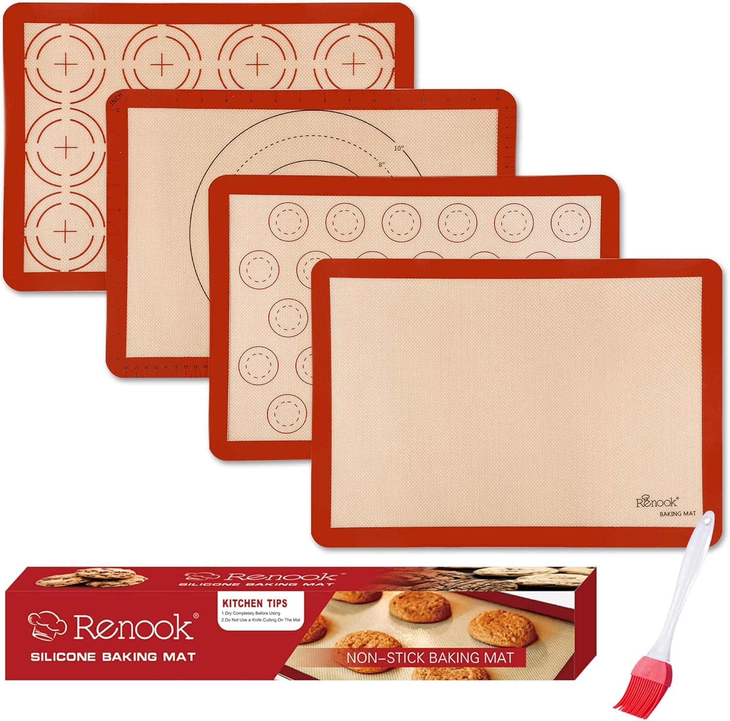 RENOOK Silicone Baking Mats-Set of 4 Nonstick Half Sheets (16.5'' x 11.5'') and 1x Oil Brush- BPA-free Grade Food & Reusable Baking Oven Liner Sheet - Dishwasher Safe - Macaron, Pastry, Pizza, Cookie