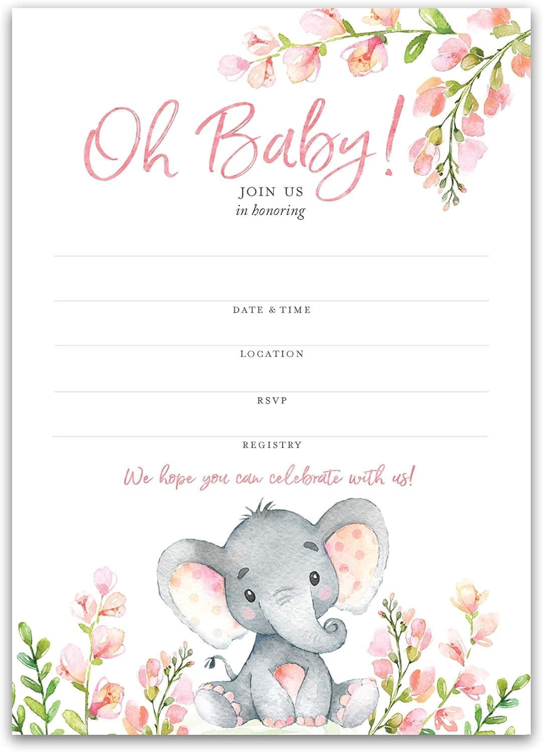 PINK ELEPHANT Baby Shower INVITATIONS — Pack of 25 — BABY GIRL Blank Fill-in Baby Shower INVITES, Oh Baby, Pink Polka Dot BABY ELEPHANT GIRL Baby Shower INVITES Little Peanut Invitation SKU I530-INV1