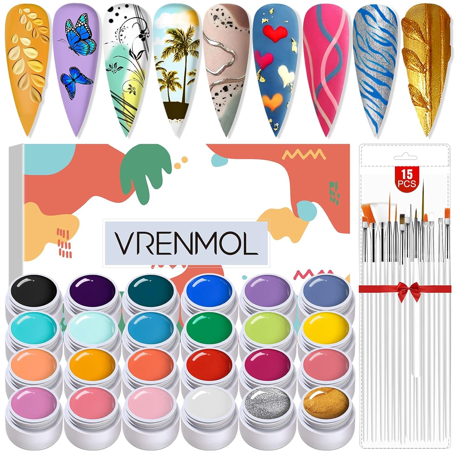 Vrenmol Gel Paint for Nail Art Kit - 24 Colors Fall Gel Nail Polish Autumn Solid Nail Art Gel Polish Set with 15pcs Painting Nail Brushes for Nail Art Design, DIY Manicure Nail Salon
