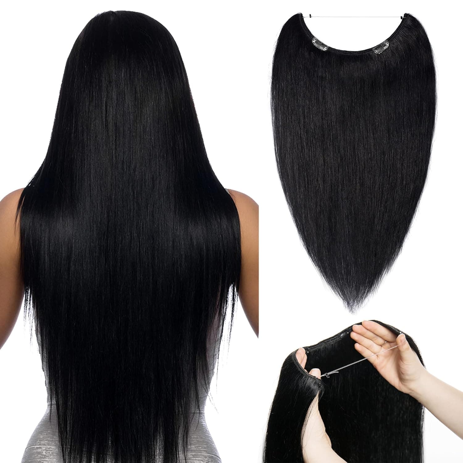 S-noilite Invisible Invisible Wire Human Hair Extensions with 2 Clips 16" 60g Secret Wire Hair Extension with Adjustable Headband Fish Line Hairpieces For Women #1 Jet Black