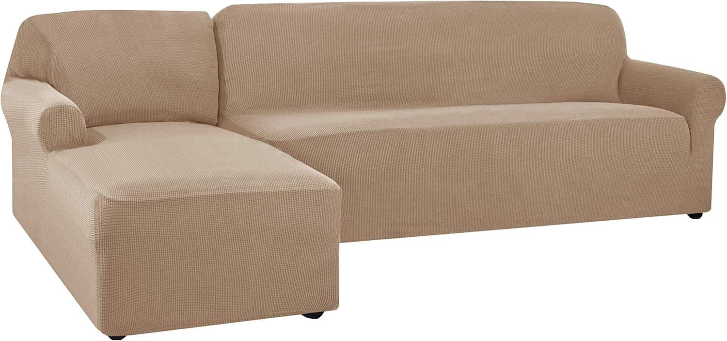 CHUN YI Stretch Sectional Couch Covers Soft L Shaped Sofa Slipcovers with Elastic Bottom , Jacquard Chaise Lounge Set for Living Room 2 Seat Sofa (Left Chaise,Camel)