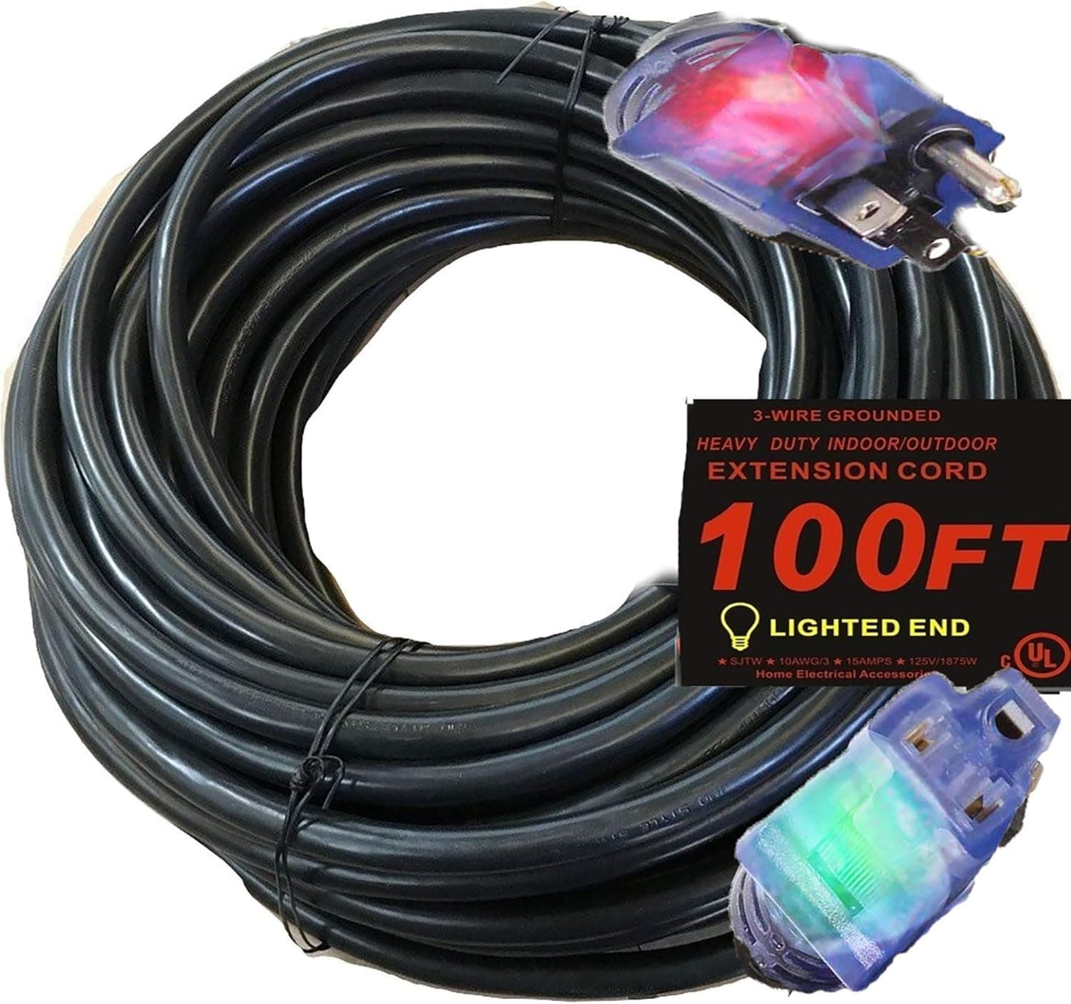 Contractor Grade 100 ft 10 Gauge Power Extension Cord 10/3 Plug , Black 10 Gauge Extension Cord 10 3 100 Foot Extension Cord with Lighted Ends (100 ft 10 Gauge, Black)
