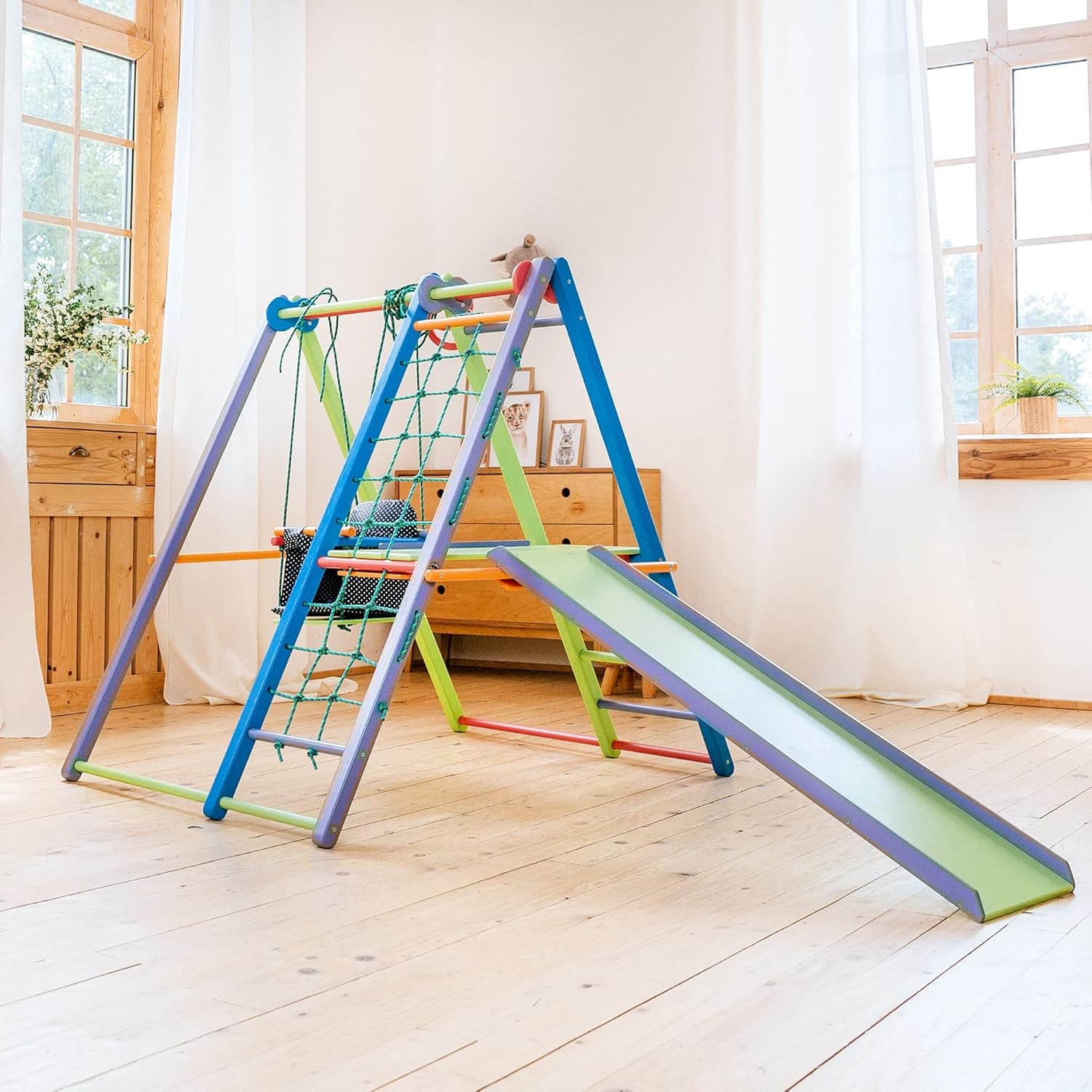 EZPlay Panda Indoor Jungle Gym, Sturdy Toddler Playset, Foldable Play Area with Monkey Bars, Climbing Ladder, Rope Wall Net, Toddler Slide, Swing Set & Rings, Play Structure for Kids Age 18months+
