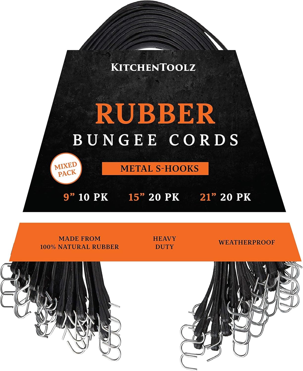 Trucking Bundle - Bulk Bungee Cords with Hooks- Pack of 50 Multiple Lengths - kitchentoolz Tarp Straps Natural Rubber Bungee Cords - 9in, 15in, & 21in…