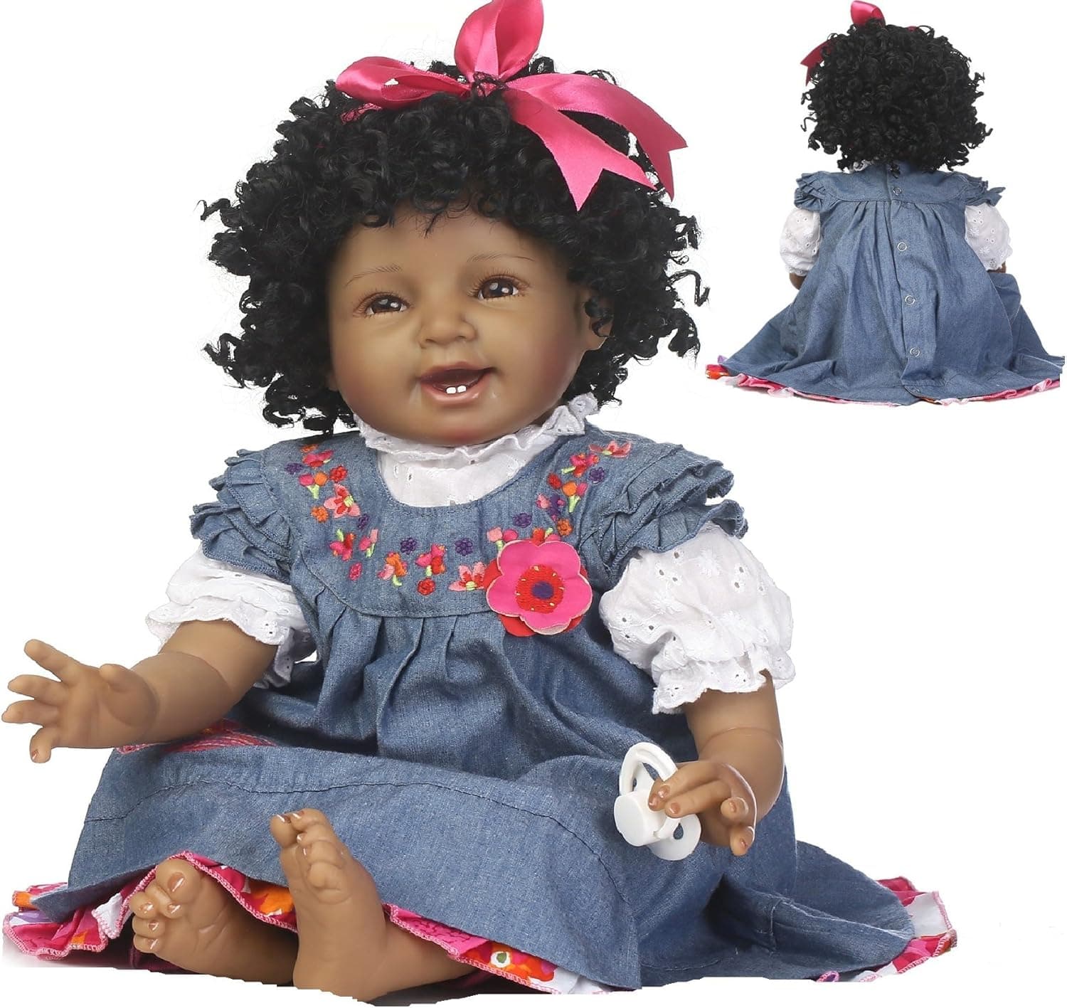 NPK Reborn Baby Dolls African American Baby Black Lifelike Silicone Vinyl 22 Inches Handmade Weighted Cute Denim Dress Curls