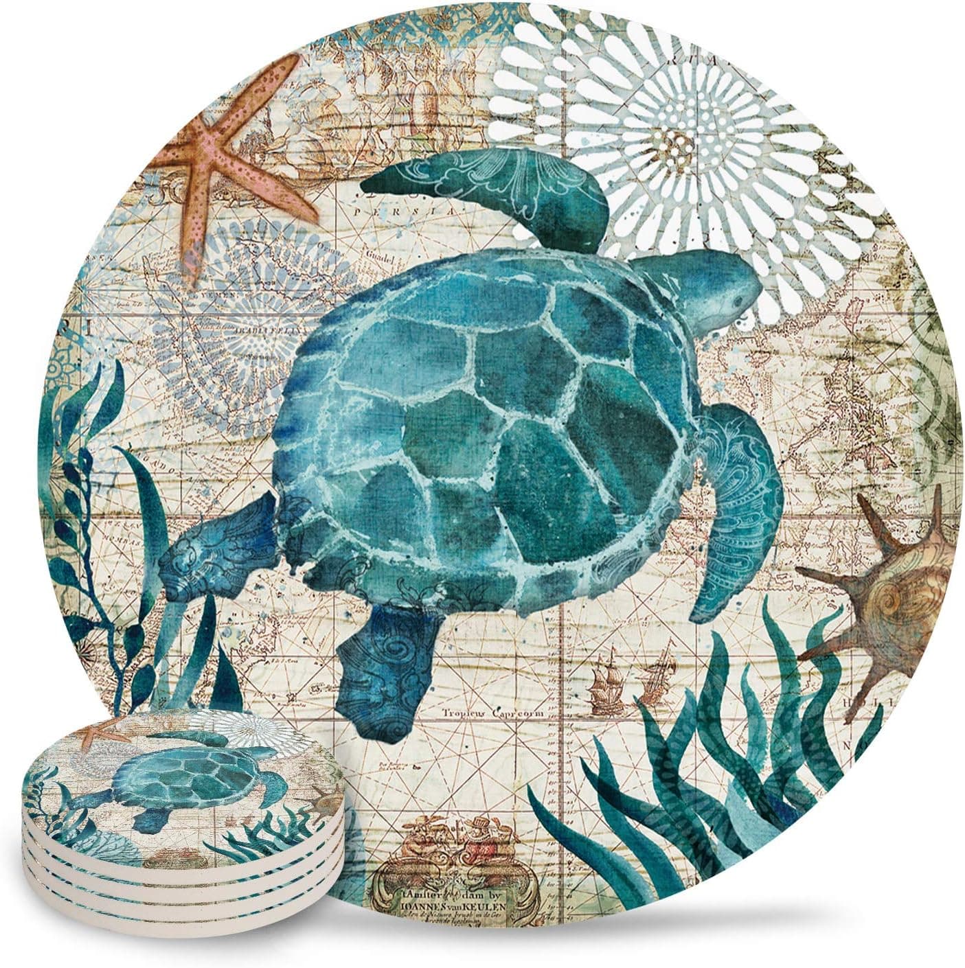 Drink Coasters Sea Turtle Ocean Animal Absorbent Stone Ceramic Coaster with Cork Back and NO Holder for Cups, Set of (4-Pieces)