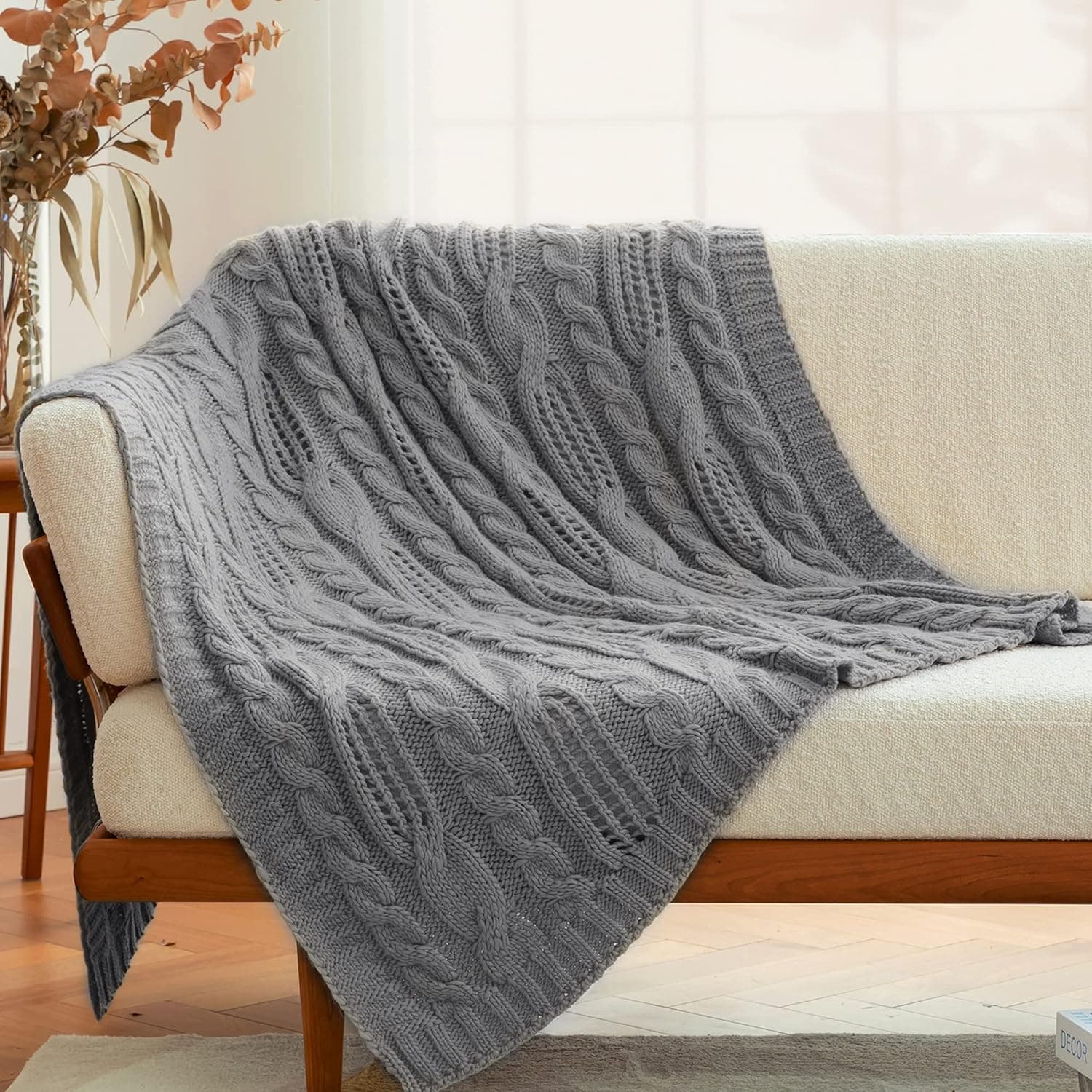 Amélie Home Cable Grey Knit Throw Blankets Soft Cozy Lightweight and Breathable Hollow Out Knit Throw Blankets for Summer Chunky Wool Farmhouse Knitted Throw for Couch Sofa Bedroom 50'' x 60''