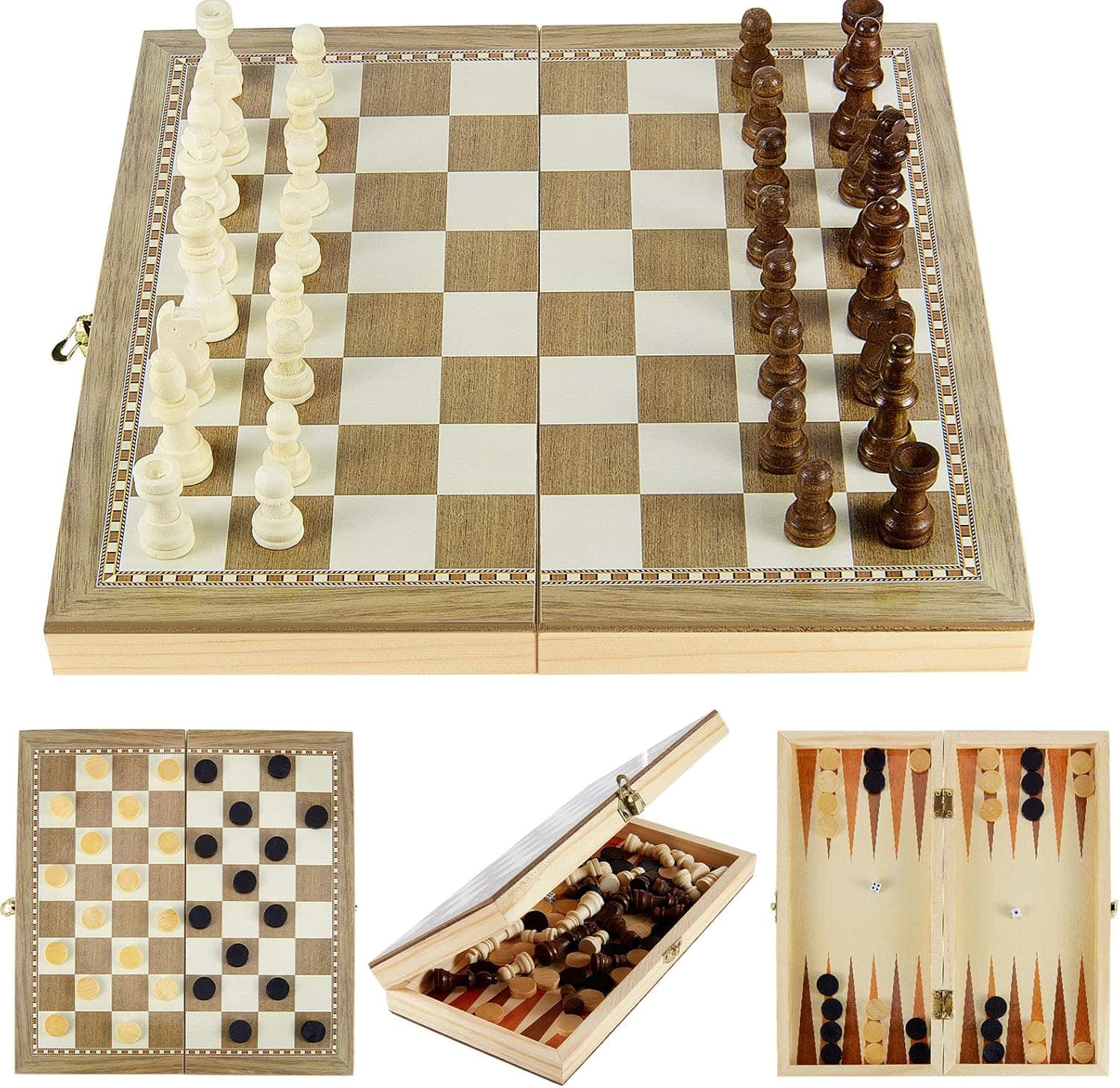 3-in-1 Wooden Chess Set Folding Chess Board Game Set Chess and Checkers Backgammon Portable Folding Travel Tabletop Game Travel Chess Set Board Games for Adults Teens