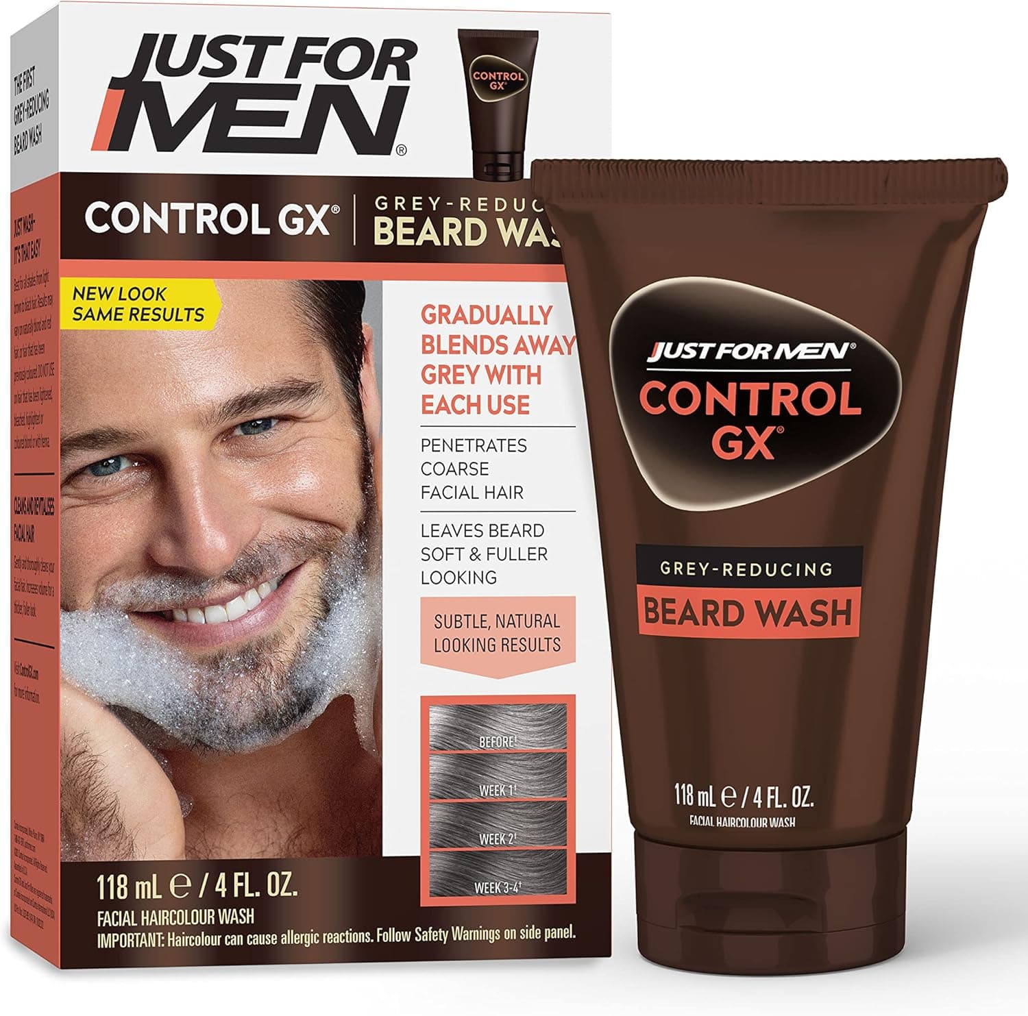 Just For Men Control GX Grey Reducing Beard Wash Shampoo, Gradually Colors Mustache and Beard, Leaves Facial Hair Softer and Fuller, 4 Fl Oz - Pack of 1