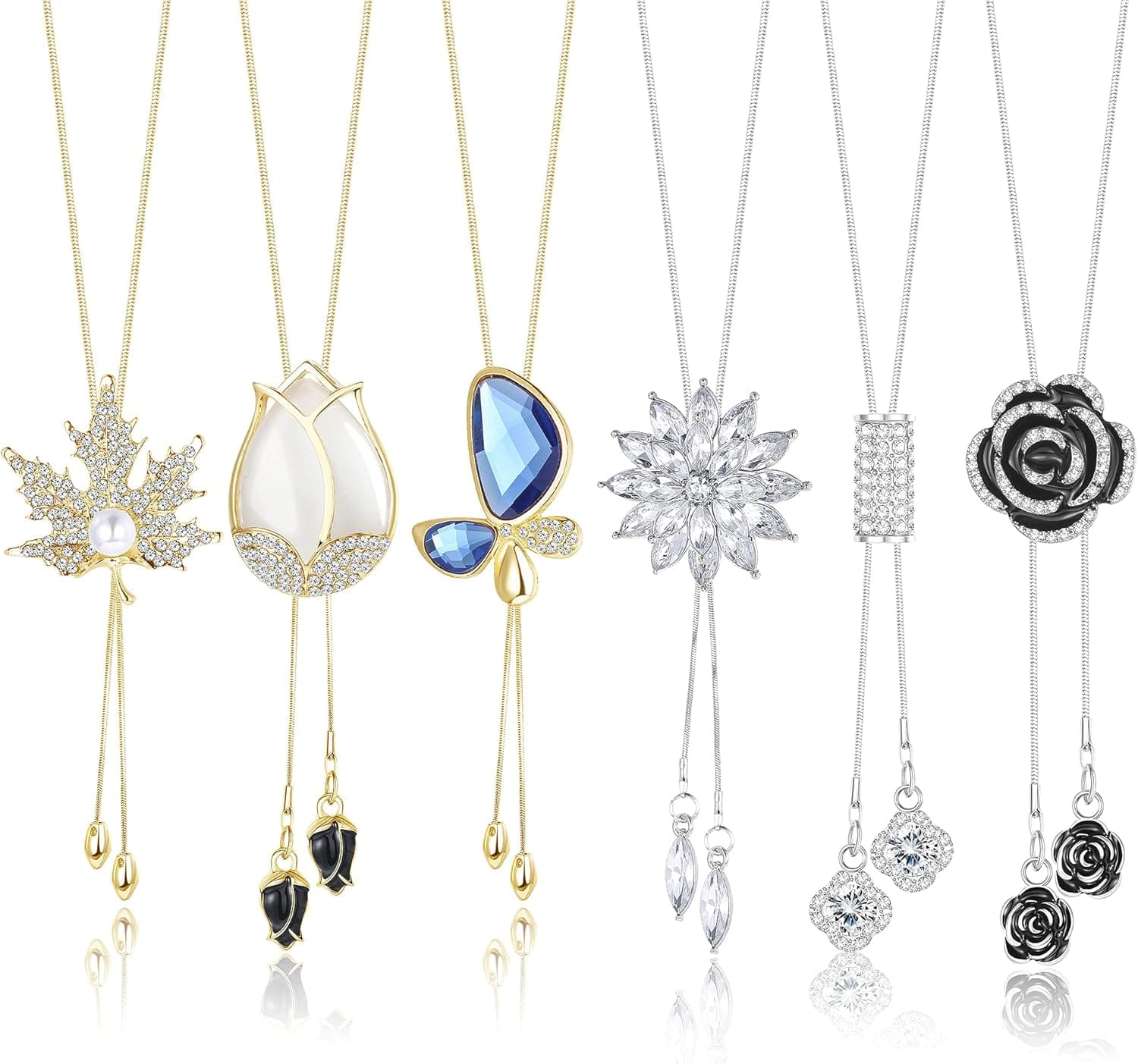 Sanfenly Pendant Long Necklace for Women Elegant Crystal Rhinestone Flower Lotus Butterfly Tulip Maple Leaf Black Rose Silver Gold Sweater Chain Statement Necklace