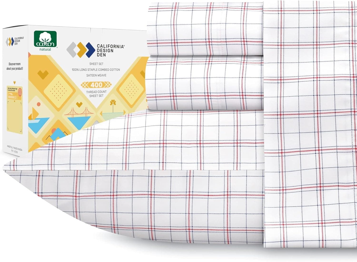 California Design Den Americana Plaid Sheets Queen Size - 400 Thread Count Pure Cotton, Sateen 4 Pc Checkered Bedding Set, Elasticized Deep Pocket Fits Low Profile Foam and Tall Mattresses